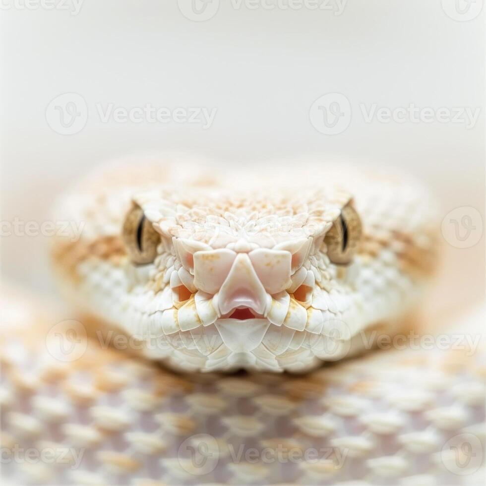 Desert Horned Viper is elegantly coiled featuring distinct horns above its eyes captured on a white backdrop with minimal shadows highlighting its natural beauty. photo