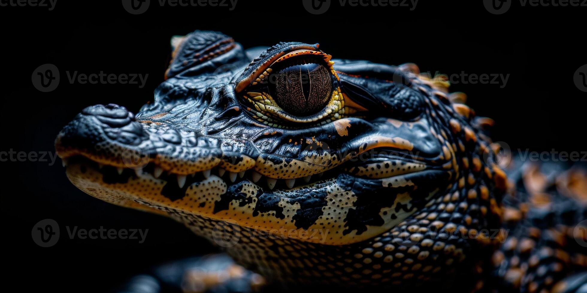 The Dwarf Caiman rests peacefully displaying its rough skin and sharp teeth. The dramatic lighting accentuates its distinctive features making it truly captivating. photo