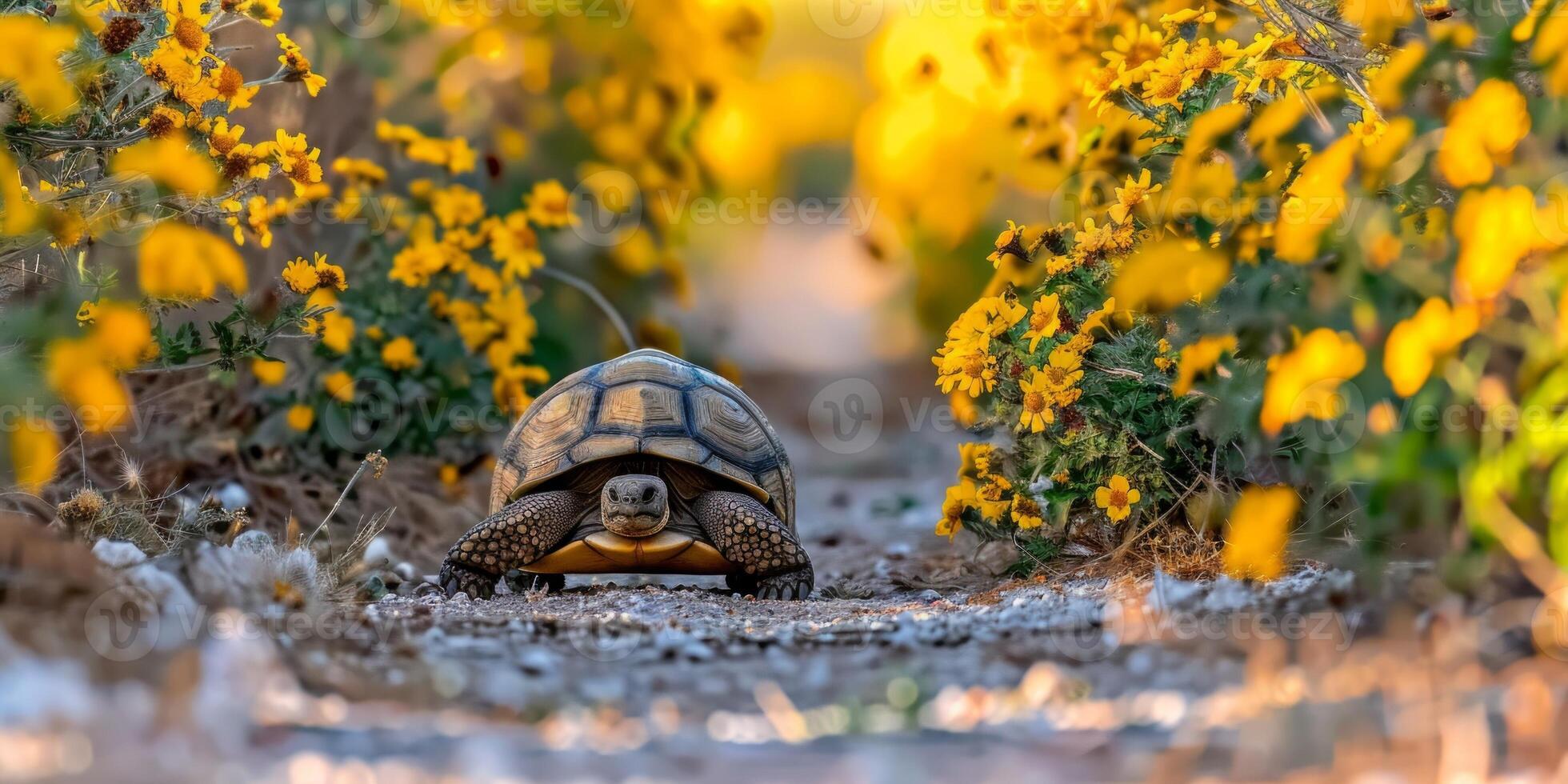 desert tortoise progresses steadily along a path surrounded by colorful yellow flowers showcasing its distinctive domed shell in bright lighting. photo