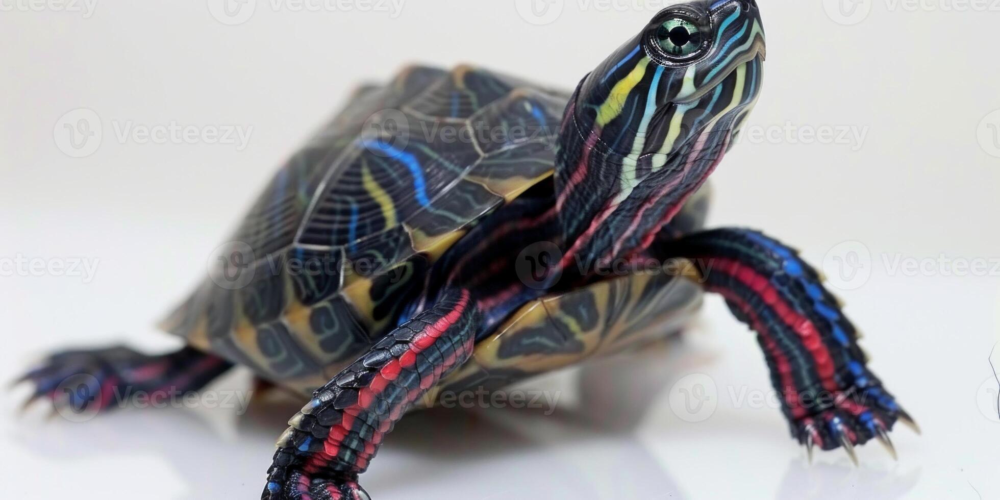 colorful Eastern Painted Turtle stands isolated with striking markings showcasing a mix of vibrant hues. The soft shadows enhance its unique features. photo