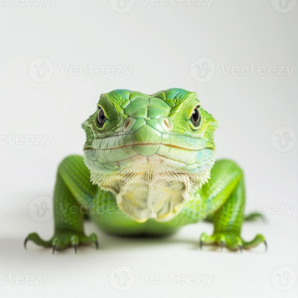 stunning Emerald Swift Lizard with brilliant green scales stands prominently isolated against a white background showcasing its unique features and coloration. photo