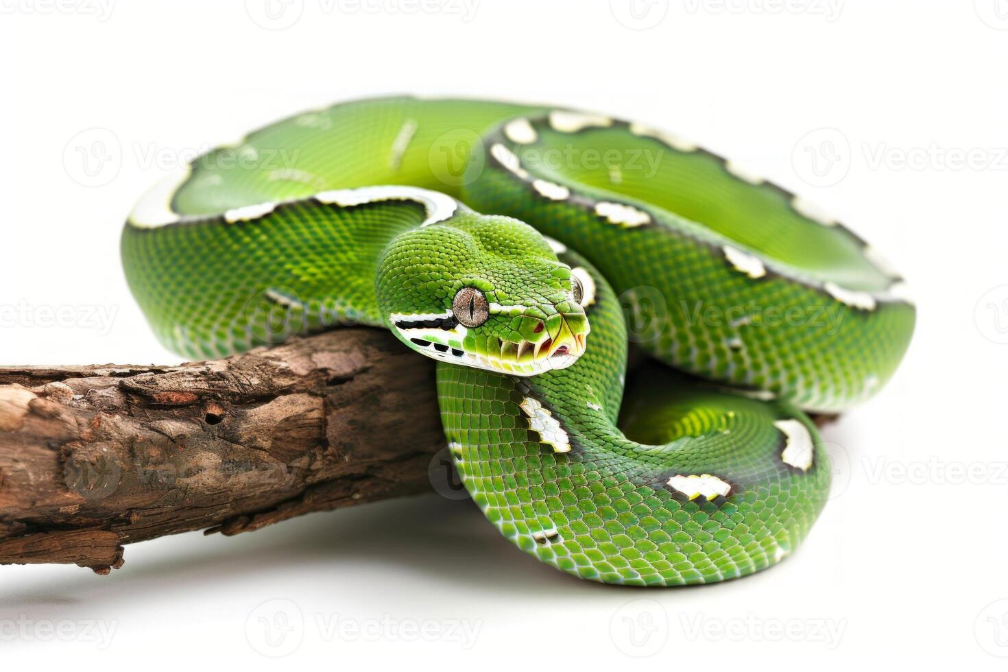 striking Emerald Tree Boa with vibrant green scales and distinctive white stripes is gracefully coiled on a branch highlighted against a white background. photo