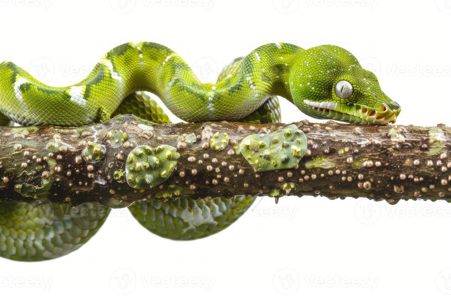 striking Emerald Tree Boa featuring vivid green scales and bold white stripes rests gracefully on a branch. The high key lighting adds emphasis to its natural beauty. photo