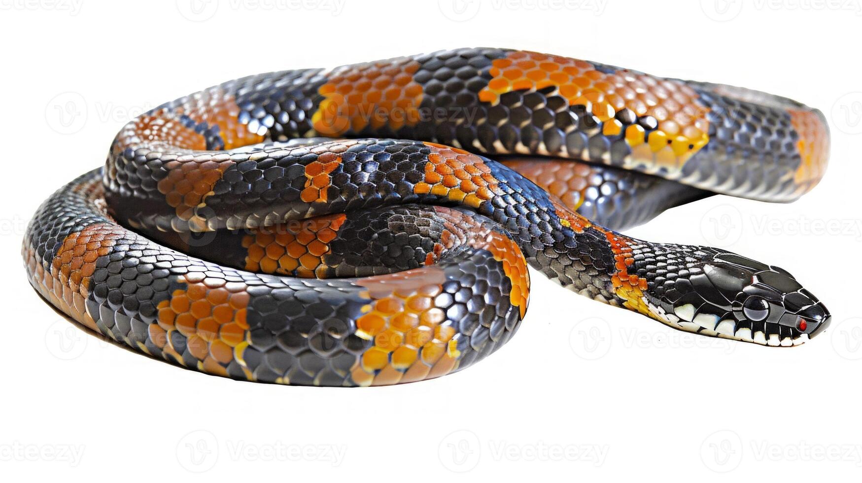 false coral snake moves smoothly across a bright white surface showcasing its vivid colors. The striking patterns mimic those of true coral snakes enhancing its allure. photo