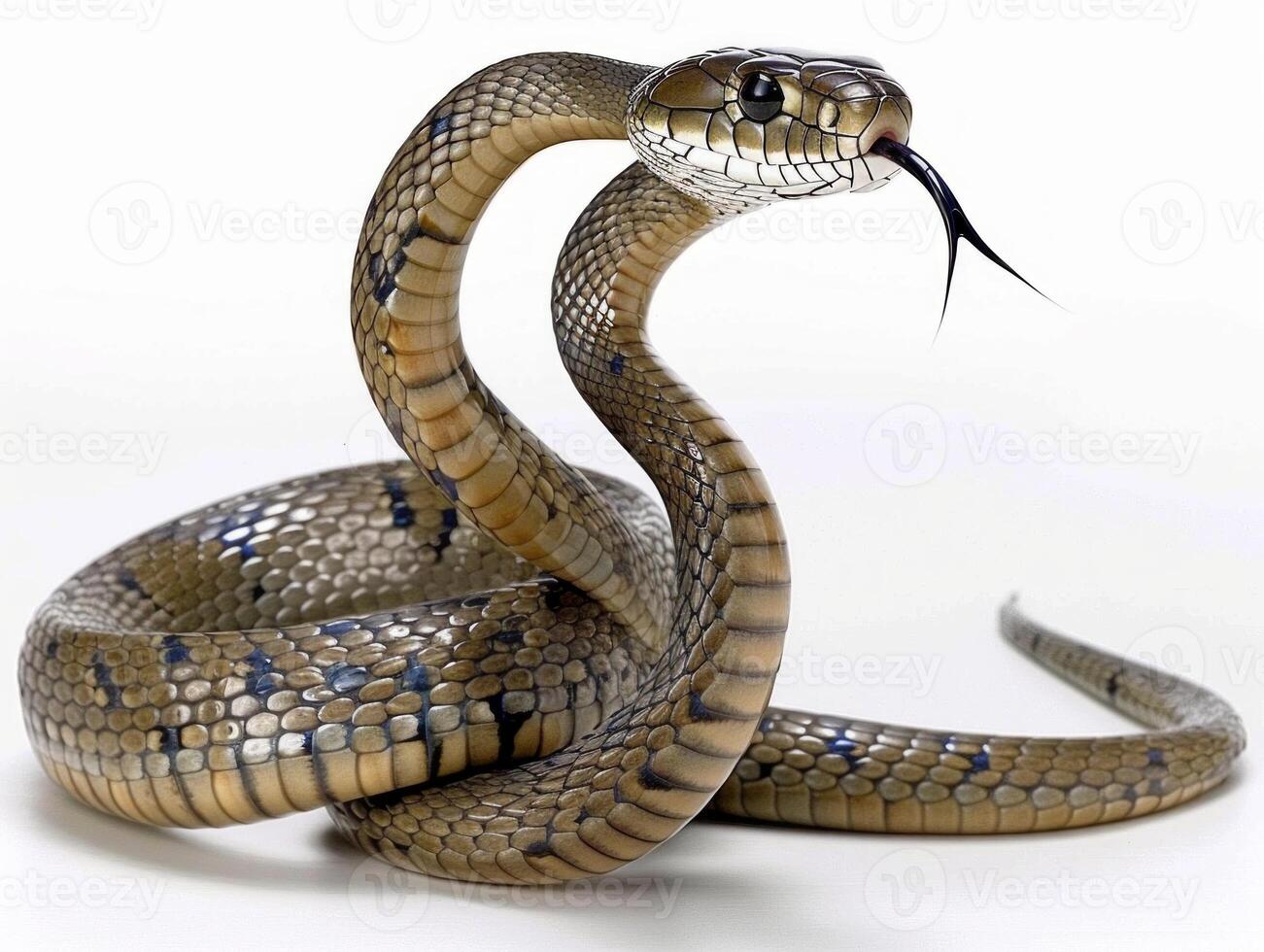 False Water Cobra displays an impressive posture with its hood partially expanded against a pristine white background emphasizing its unique scales and features. photo