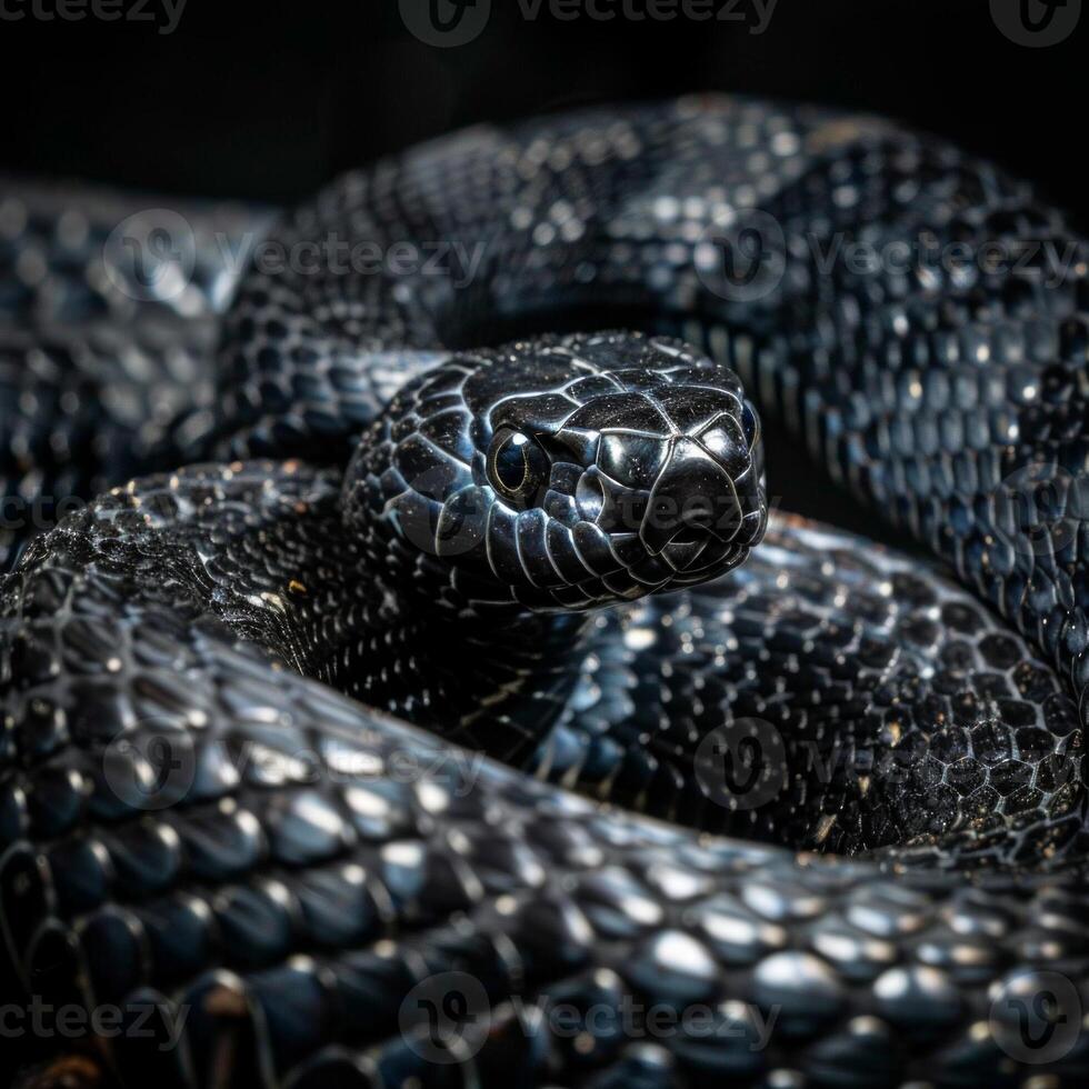 snake displays its distinctive hood in a striking pose against a pure white backdrop highlighting its scales and features under dramatic lighting. photo