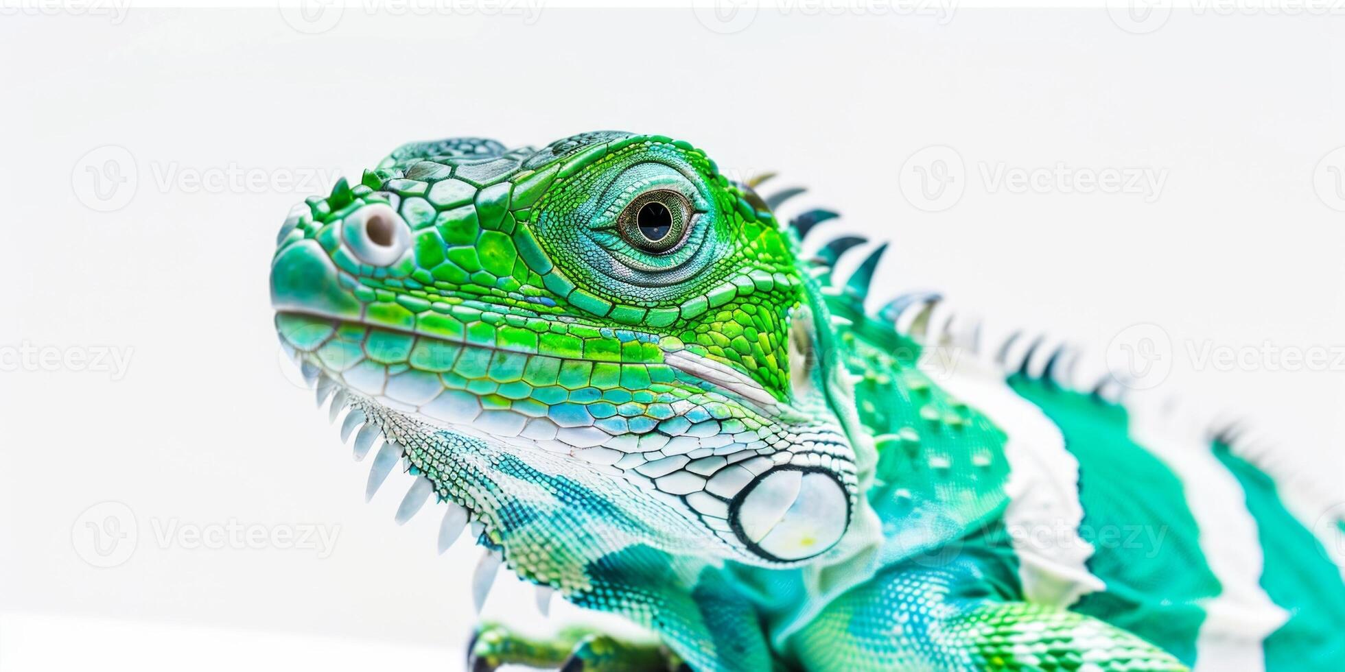 striking Fiji Banded Iguana features bright green skin adorned with white bands creating a captivating visual against a soft white background with subtle shadows. photo