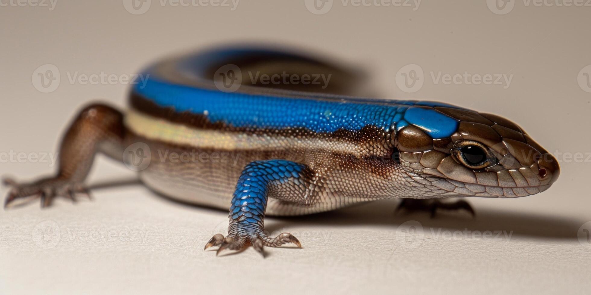 Five lined Skink displays striking appearance as it crawls across a bright white surface highlighting its vibrant blue tail and patterned body under bright light. photo