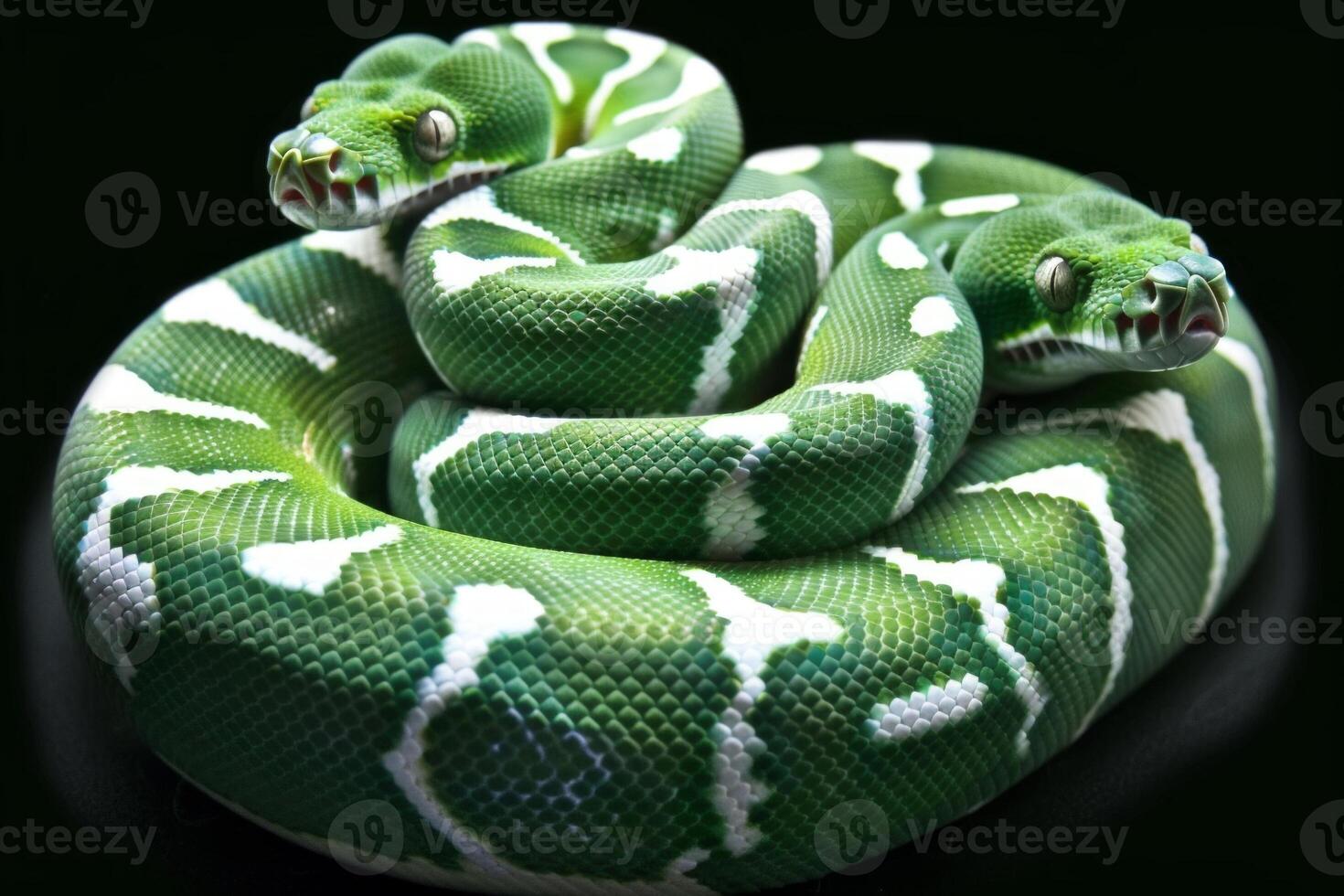 striking Emerald Tree Boa features vibrant green scales and distinctive white stripes while coiled elegantly on a branch. The high key lighting enhances its vivid coloration. photo
