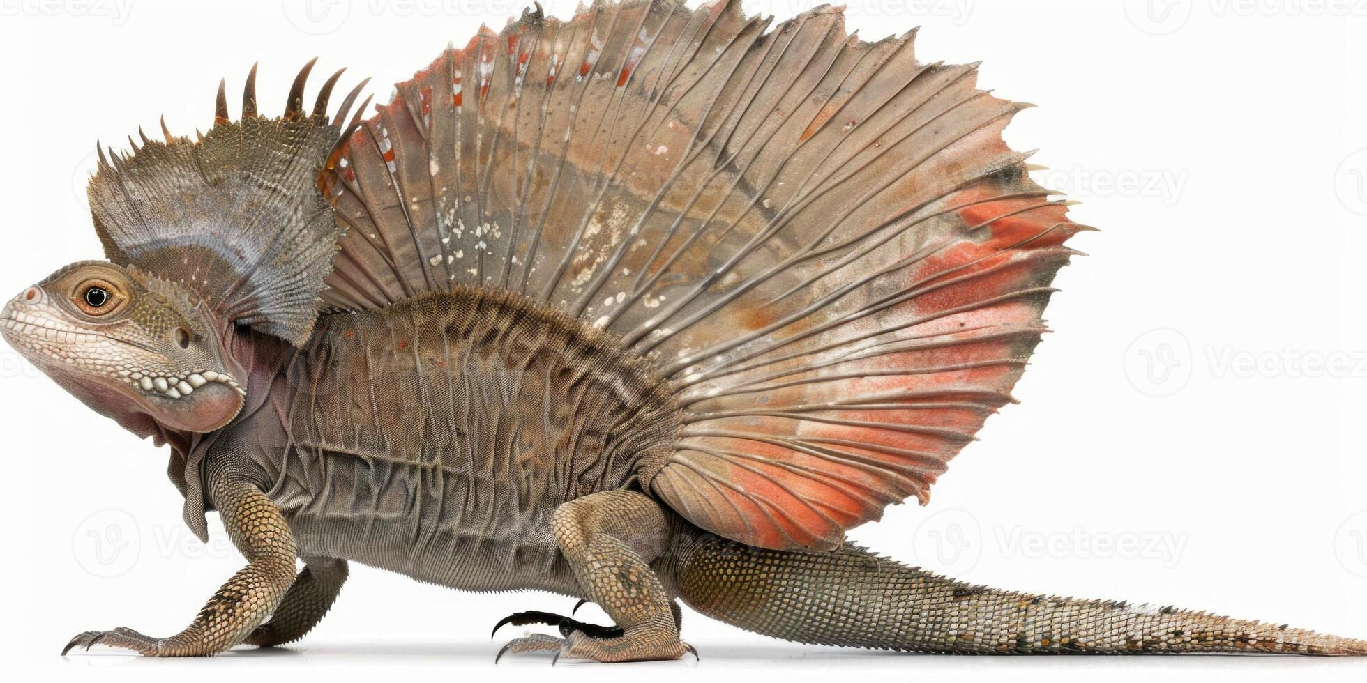 Frilled Dragon displays its impressive frill in an alert stance emphasizing its vibrant colors and textures. It stands isolated against a bright white background. photo