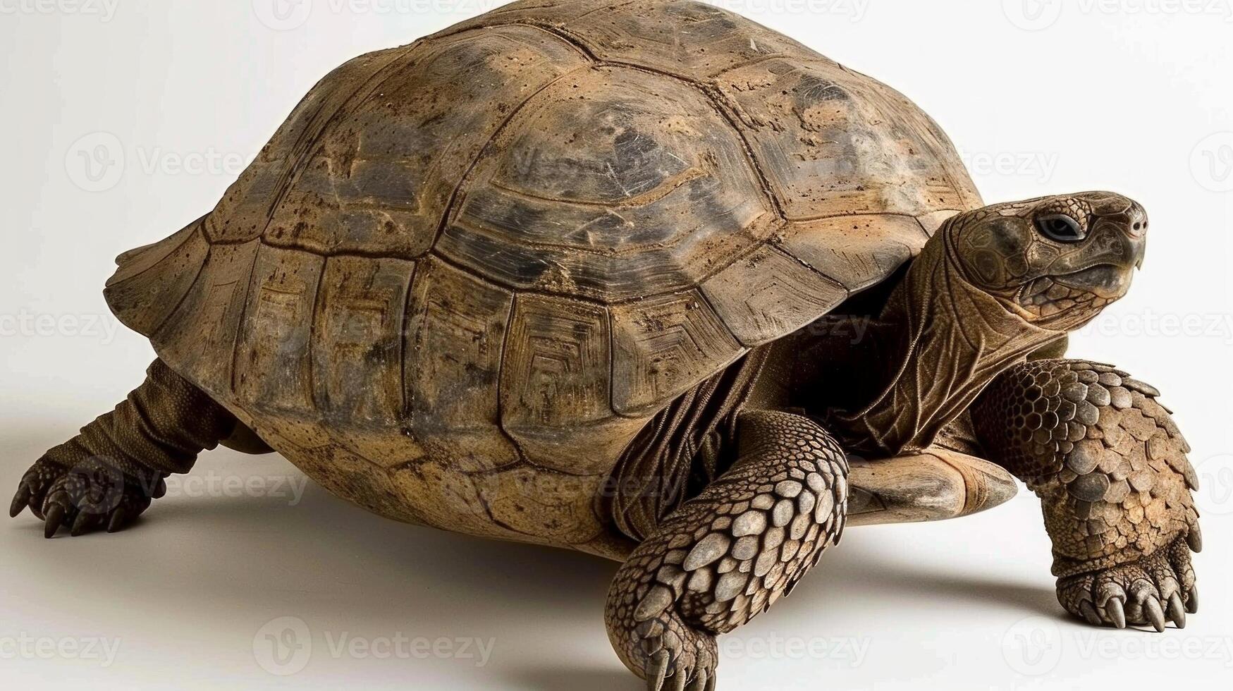 Gopher Tortoise is moving forward displaying its distinctive rough shell and limbs. The soft lighting enhances the tortoises textures and colors against a clean background. photo