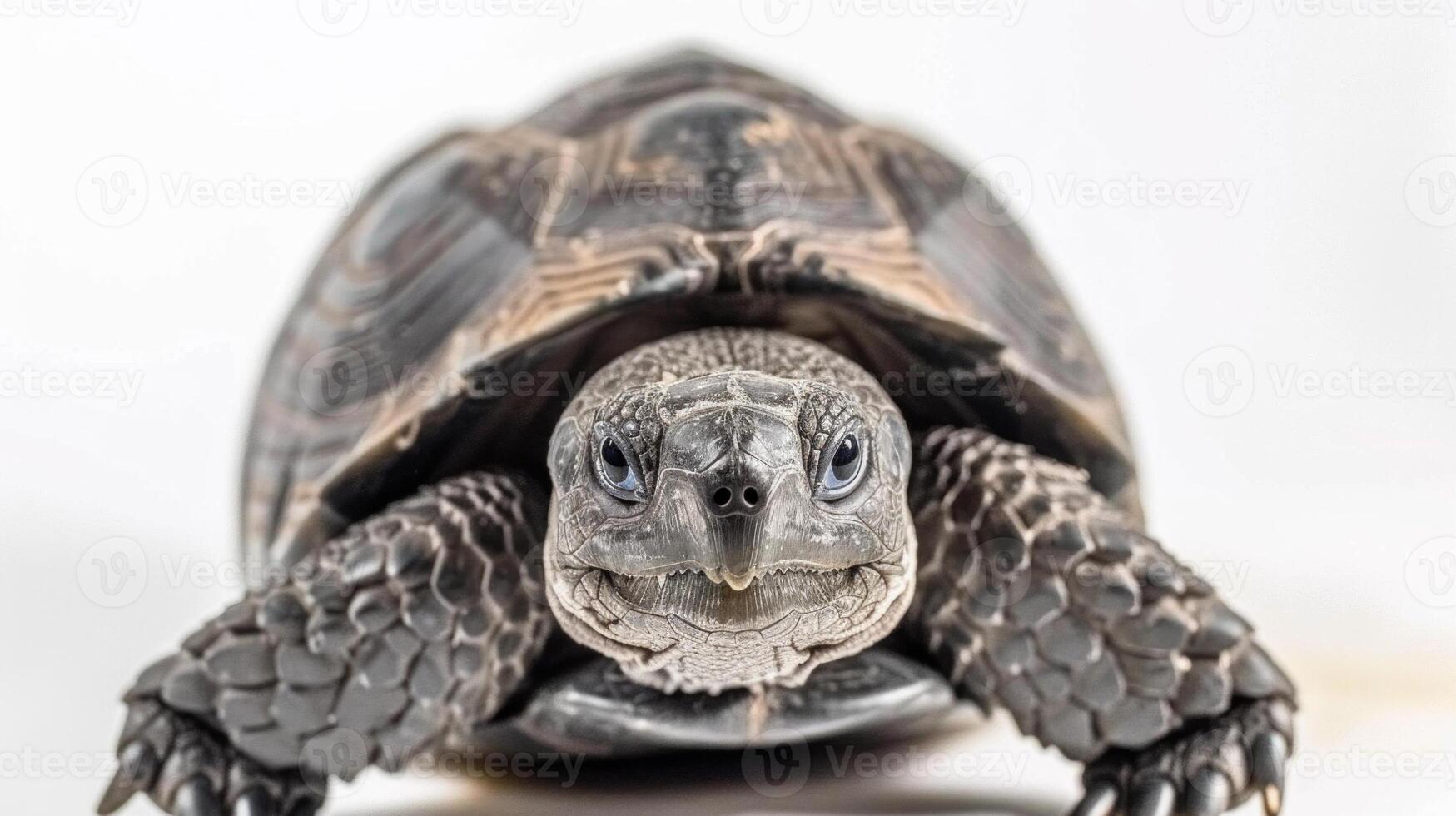 Gopher Tortoise is captured walking forward on a soft white background highlighting its unique rough shell and curious expression. The lighting adds depth to its texture. photo