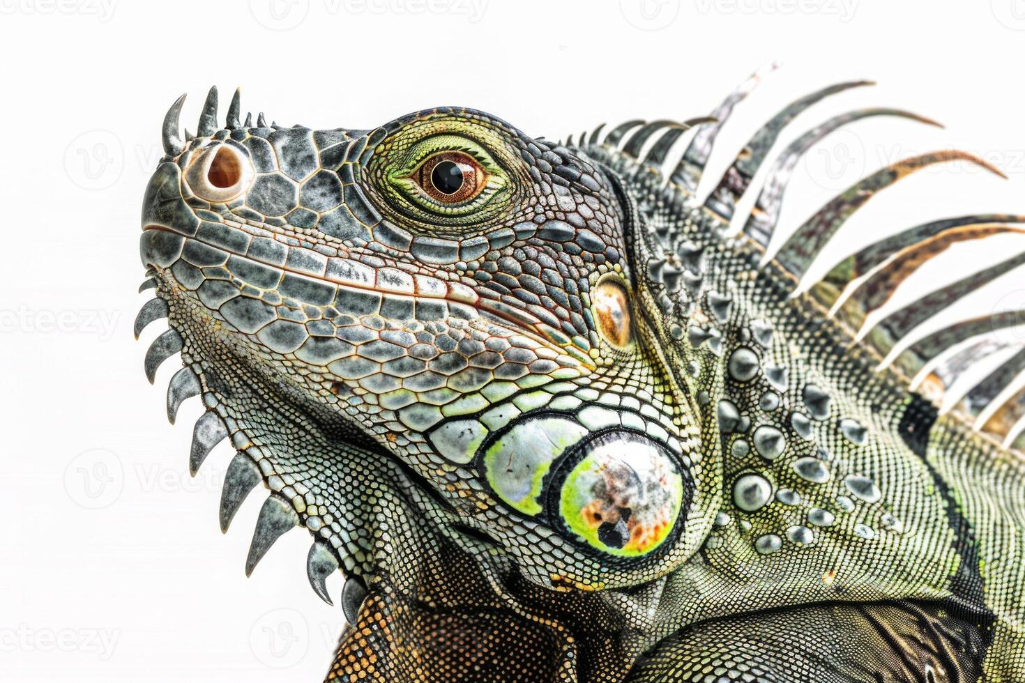 green iguana exhibits rich green scales and distinctive spines standing poised and alert on a pure white background. Studio lighting accentuates its fascinating details and textures. photo