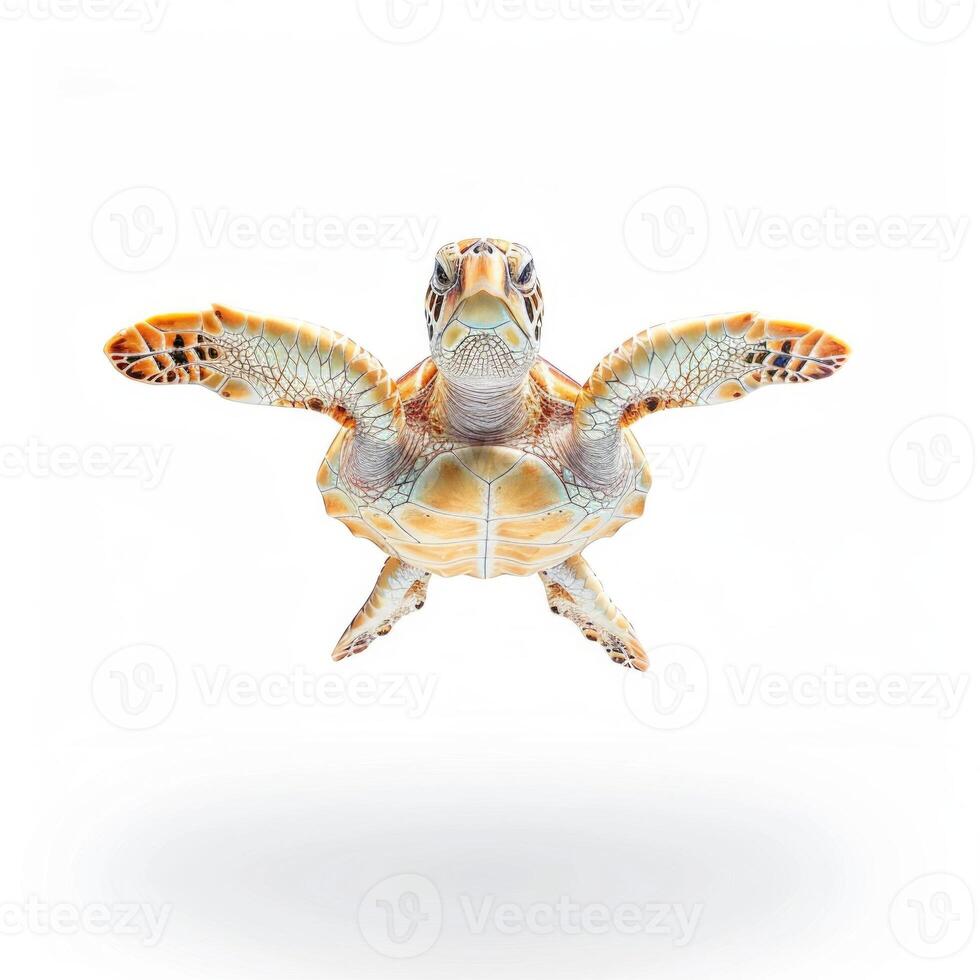 Green Sea Turtle glides effortlessly through the water its smooth shell reflecting light as it moves forward. The isolation against a white backdrop highlights its beauty and grace. photo
