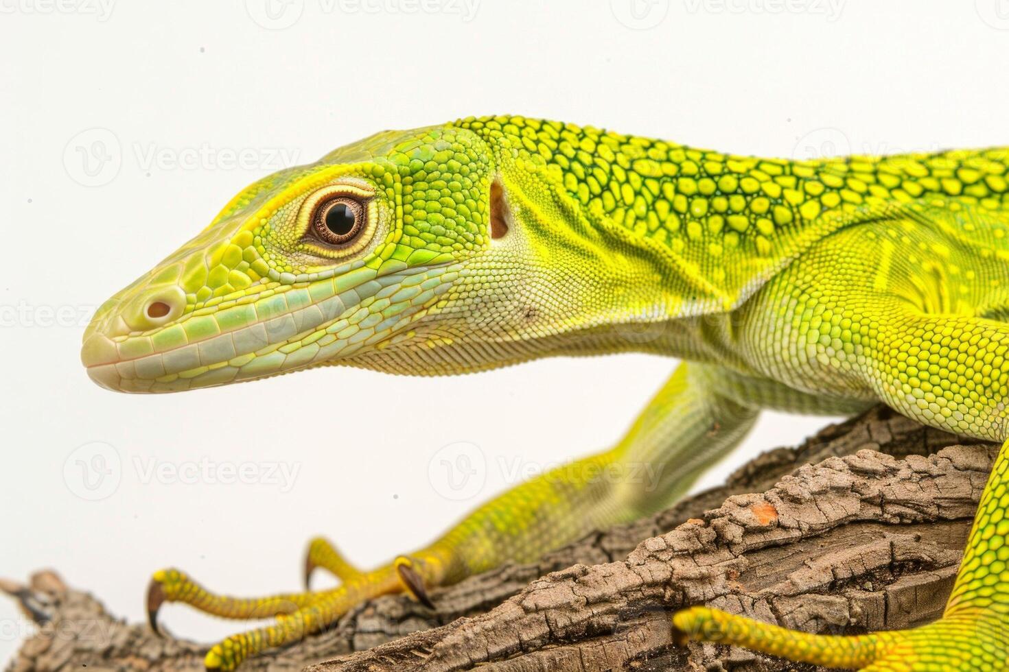 Green Tree Monitor lizard with vivid green scales elegantly positioned on branch showcasing unique features in bright high key lighting creating stunning visual contrast. photo