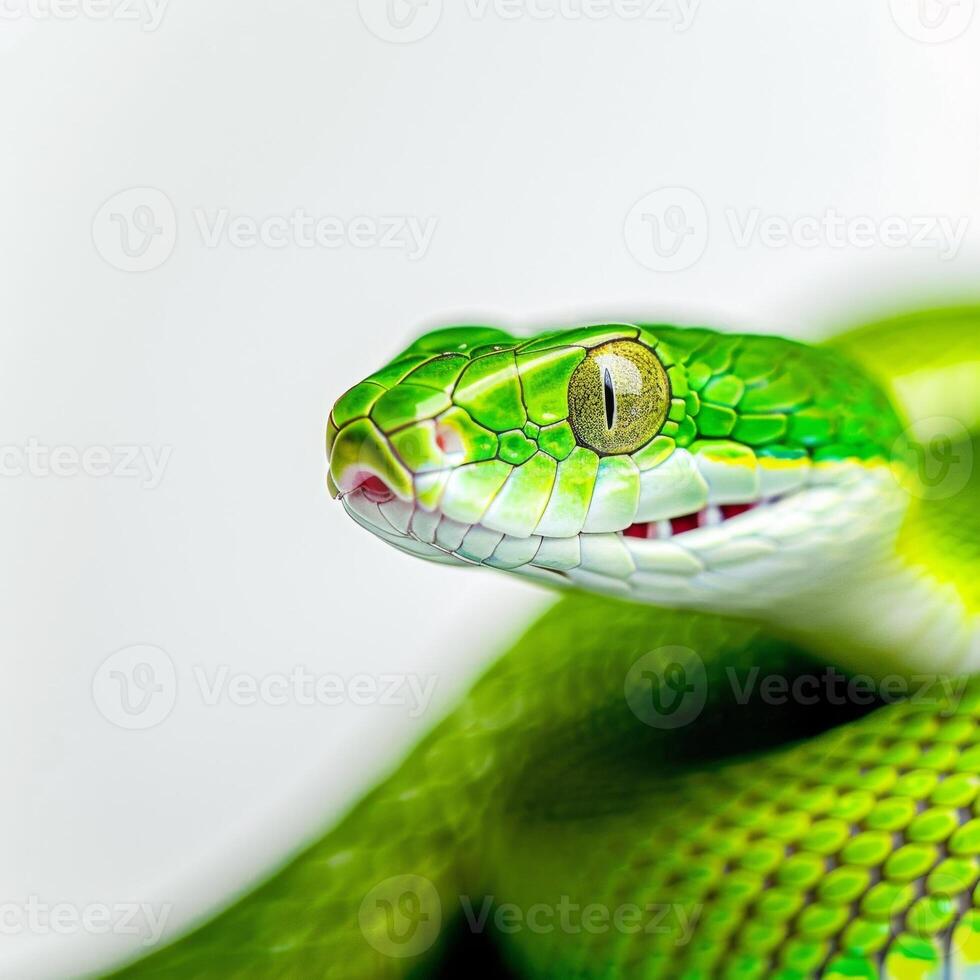 slender Green Vine Snake exhibits stunning green scales as it extends across a white background showcasing its unique coloration and impressive features in a detailed close up. photo