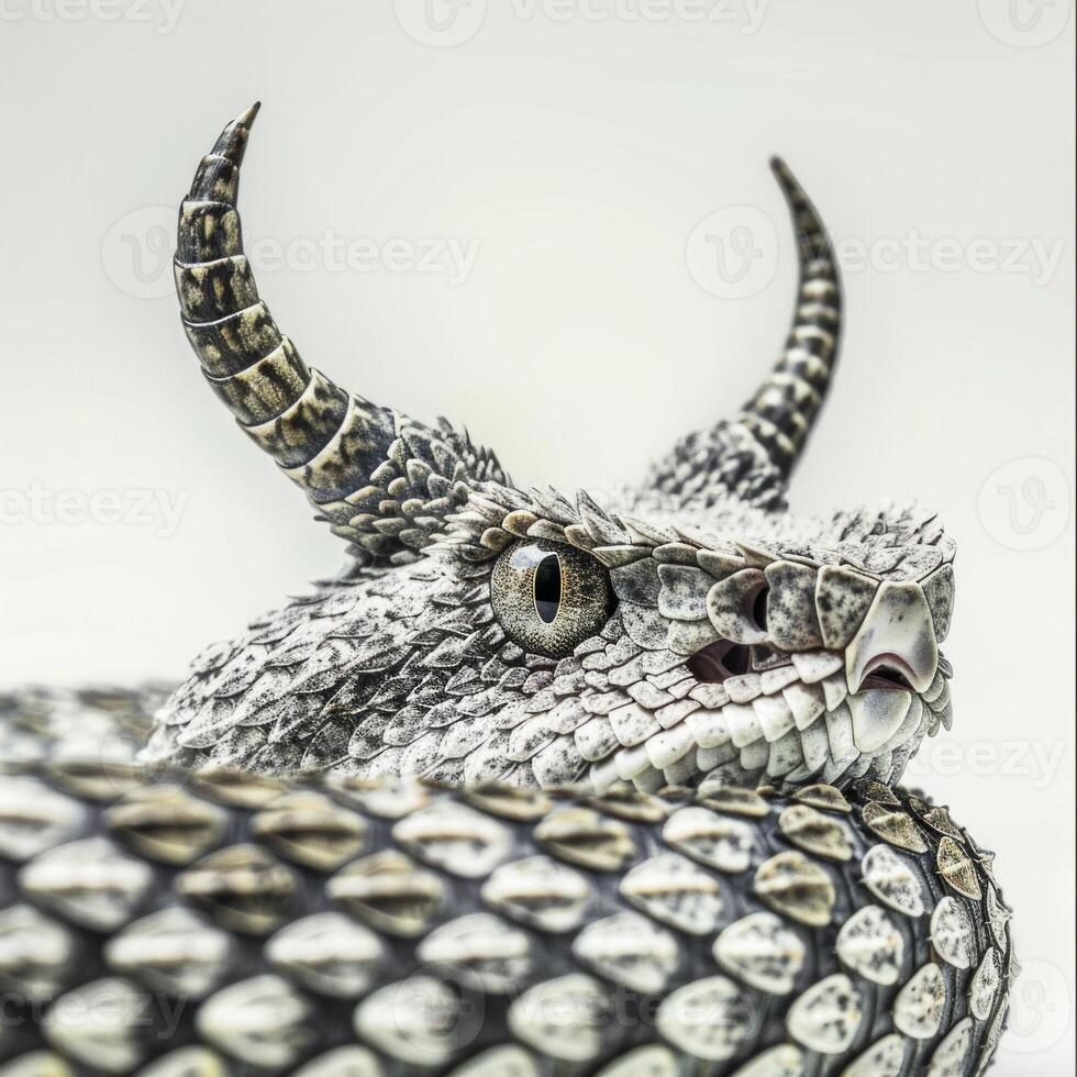 Horned Viper lies motionless displaying its distinct horns above the eyes and textured scales set against a soft white backdrop that highlights its intricate patterns. photo