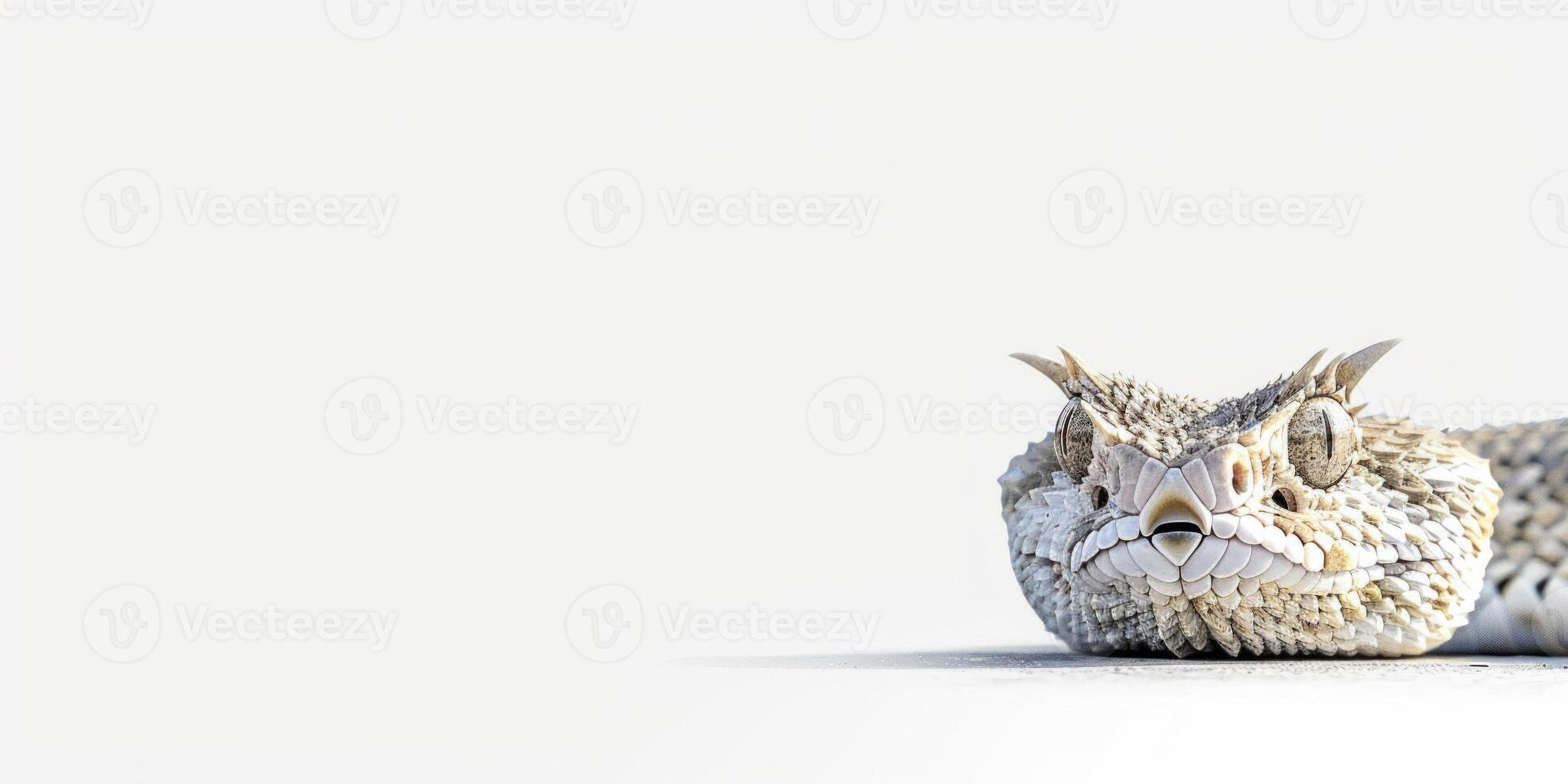 horned viper lies motionless against a white backdrop highlighting its distinctive horns and textured scales demonstrating its adaptation to the environment. photo