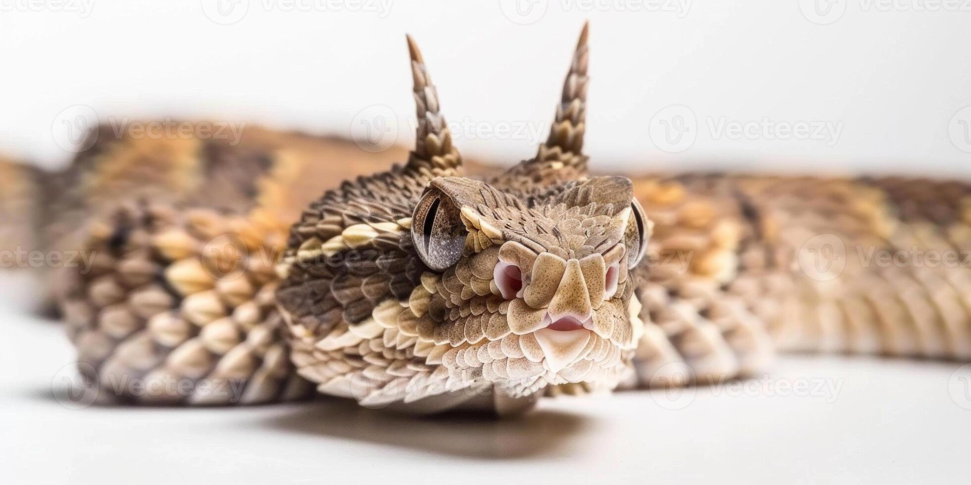 Horned Viper lies motionless against a white backdrop showcasing its unique horned appearance and intricate scale patterns. Soft shadows highlight its features beautifully. photo