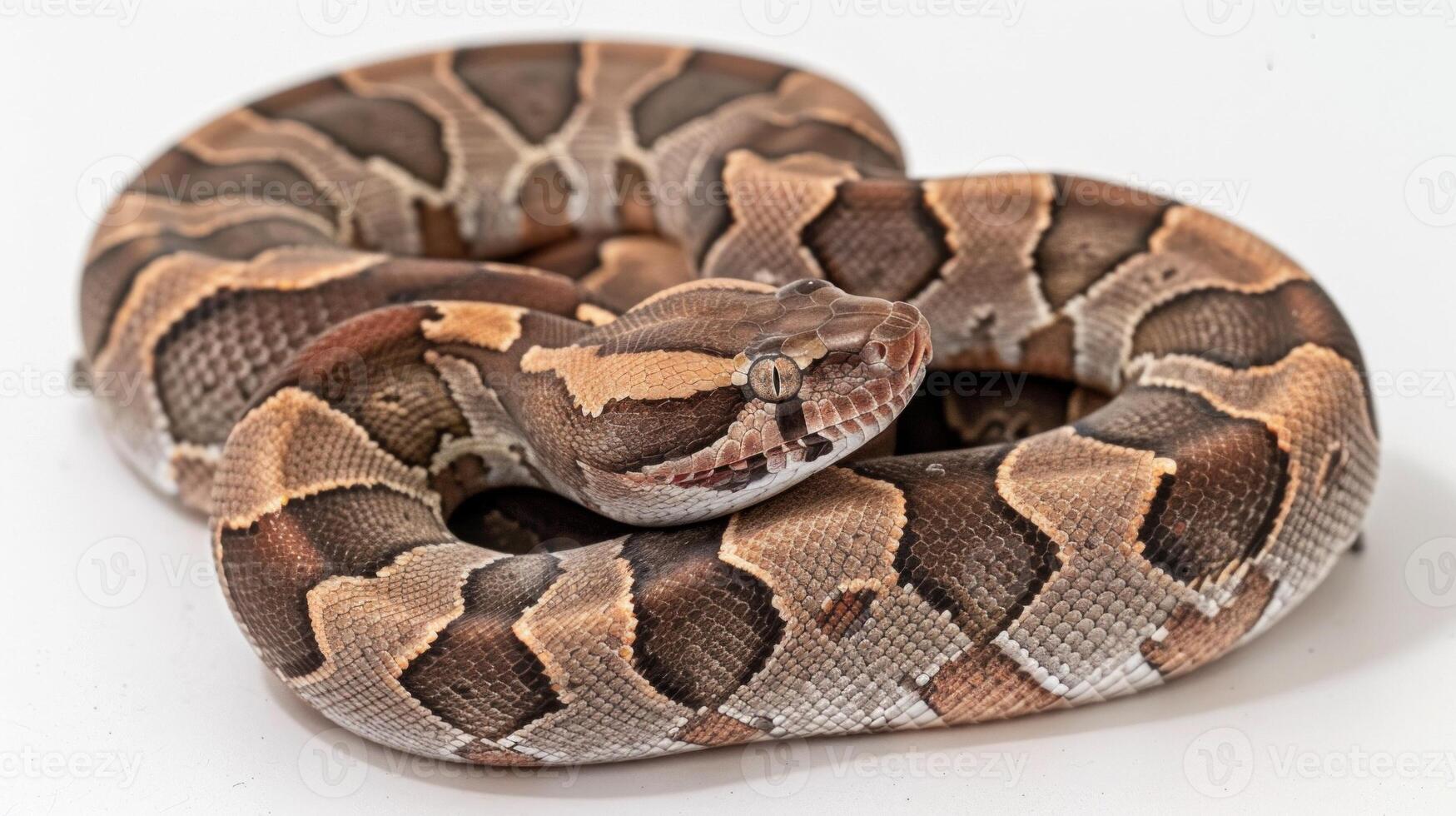 Jamaican Boa is coiled in a graceful posture showcasing its striking brown and tan patterns. The soft white background highlights the vibrant colors and textures of the reptiles scales. photo