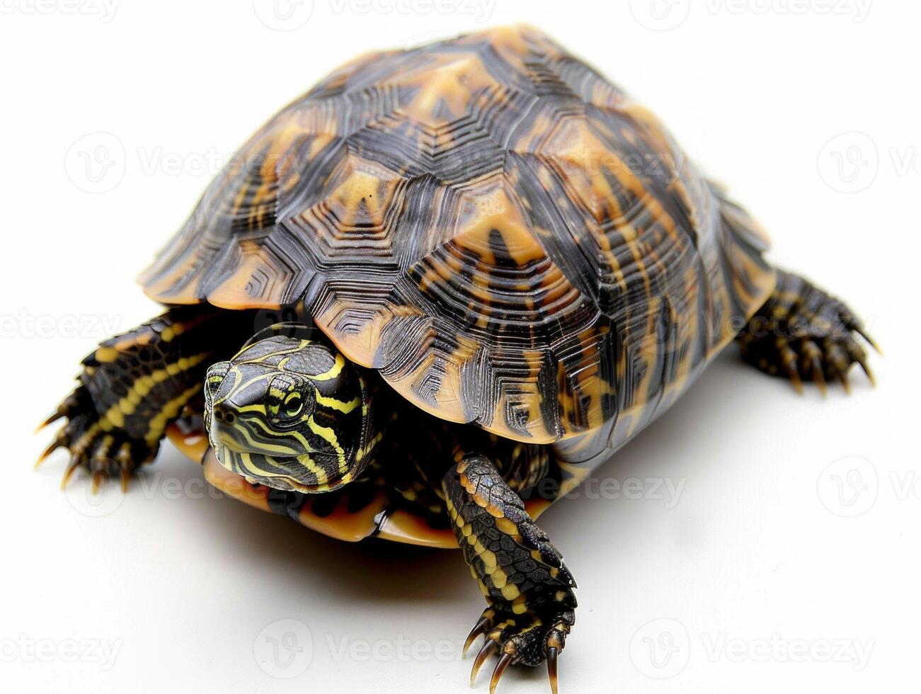 Keeled Box Turtle remains stationary with its unique raised shell prominently displayed. The soft shadows enhance the turtles vibrant markings against a white backdrop. photo