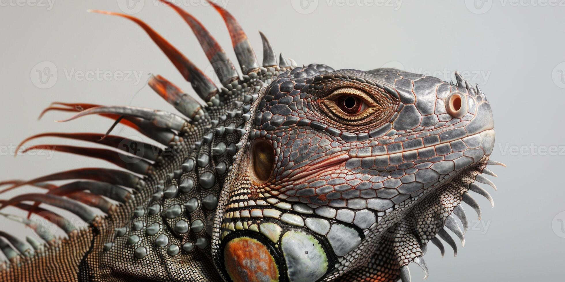 Jamaican Iguana stands alert with rough textured scales prominently displayed on a bright white background. Its striking colors highlight its unique features. photo