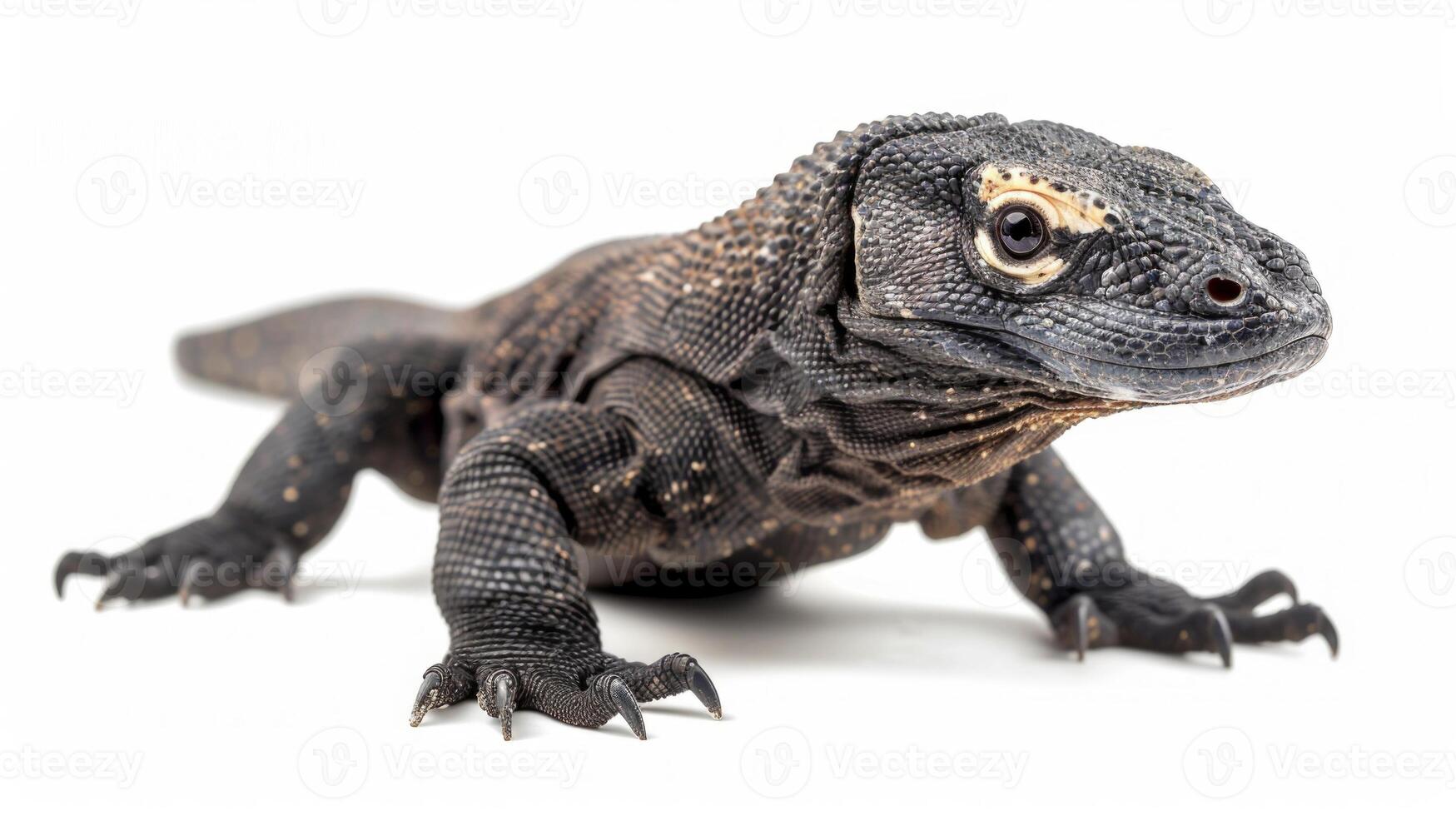 young Komodo Dragon hatchling moves confidently in a bright setting highlighting its distinctive scales and natural curiosity as it explores its surroundings. photo
