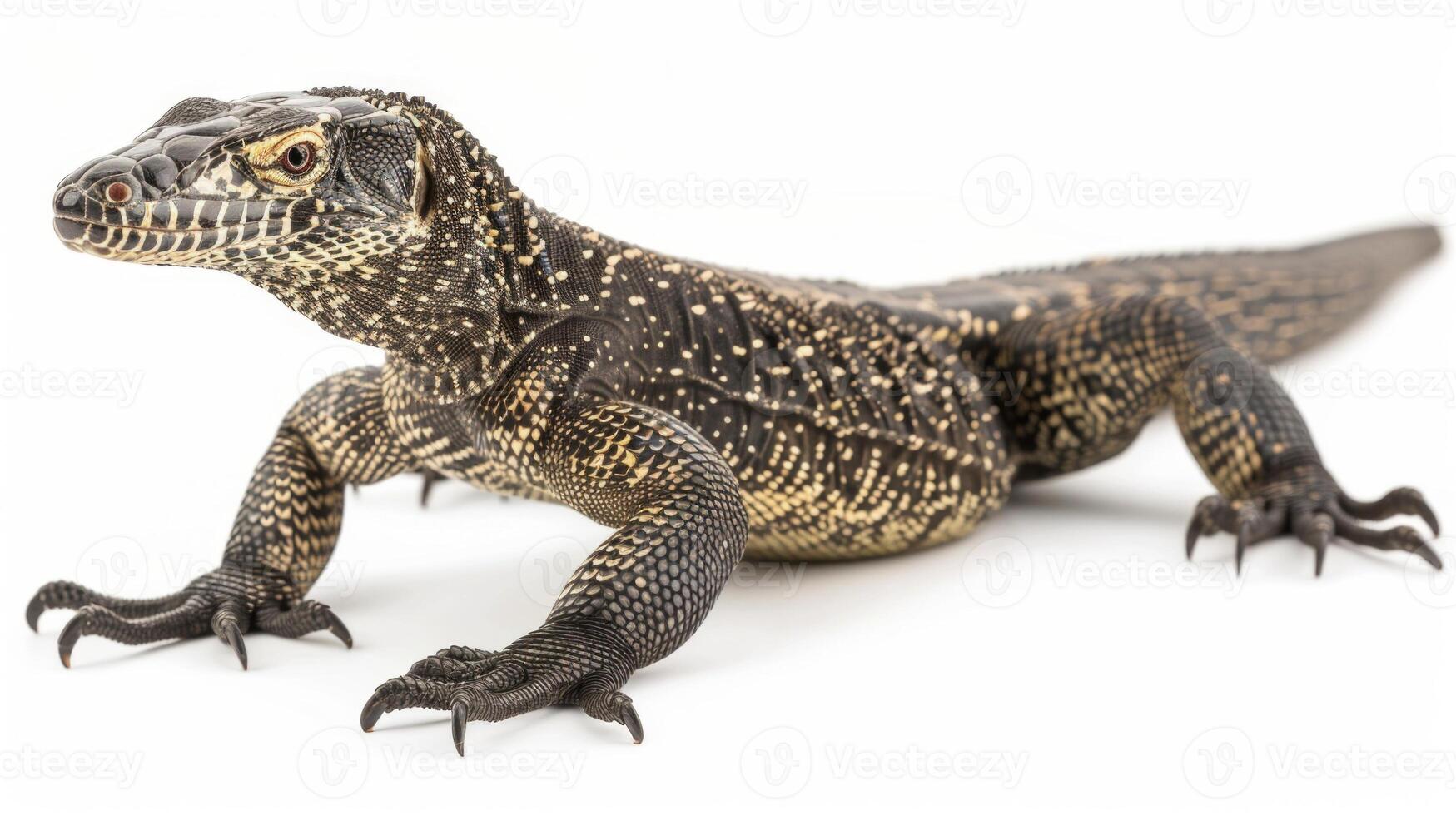 Lace Monitor lizard showcases its distinctive patterned scales while moving forward against a stark white background highlighting its features under controlled studio lighting. photo