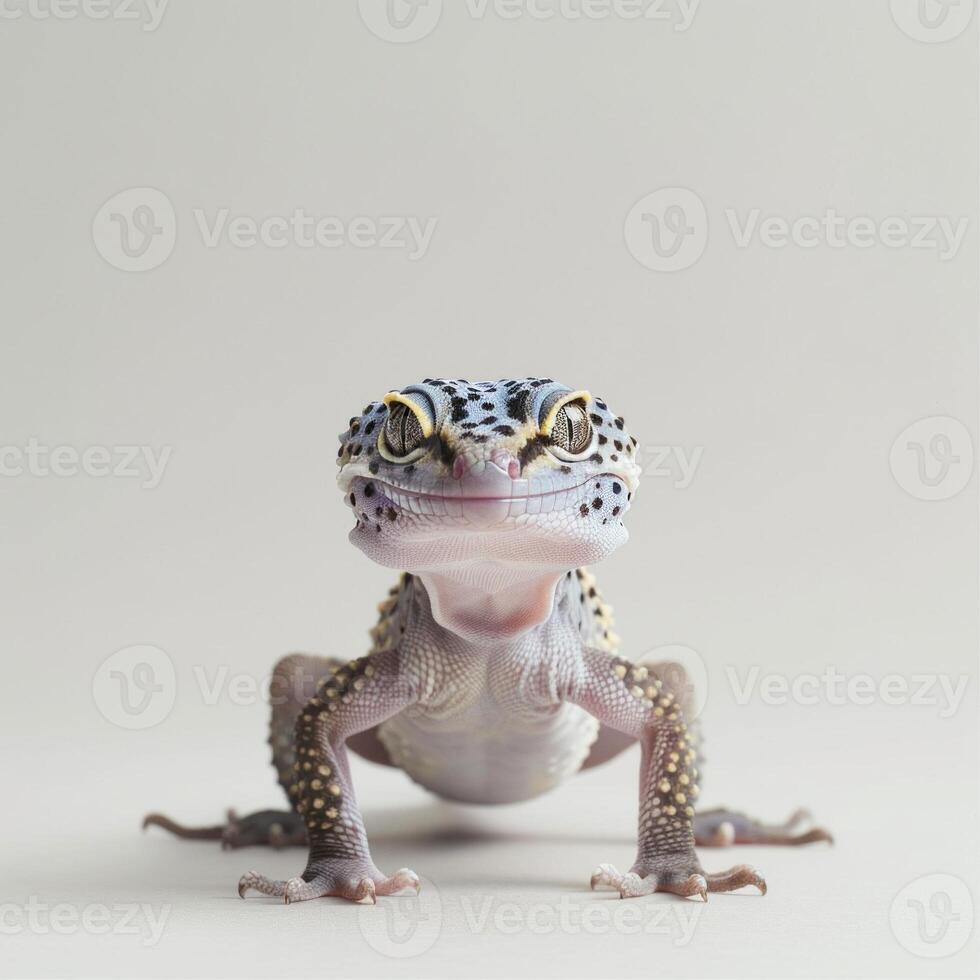 A Leopard Gecko showcasing its vibrant spotted patterns and expressive eyes confidently moves forward on a pristine white backdrop highlighting its unique features. photo