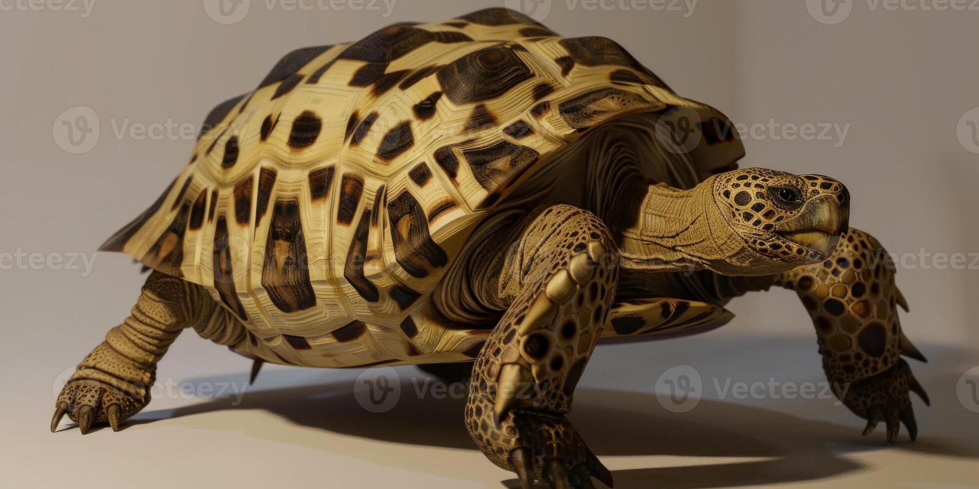 Leopard Tortoise showcases its unique spotted shell while standing alone against a plain white background illuminated with bright light to enhance its features. photo