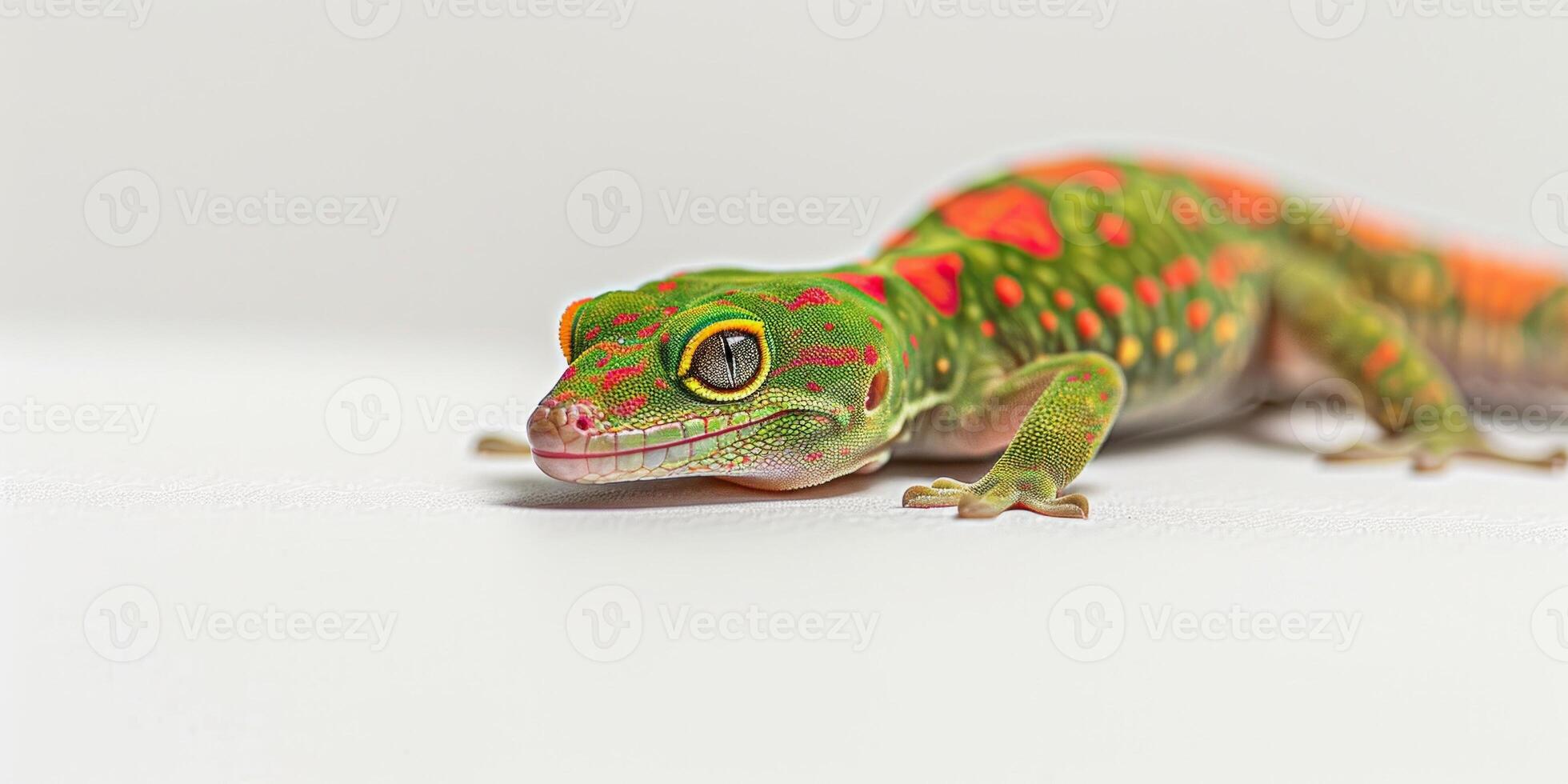 Madagascar Giant Day Gecko with striking green skin and red patterns clings surface captured with macro techniques against a white background showcasing its vibrant colors. photo