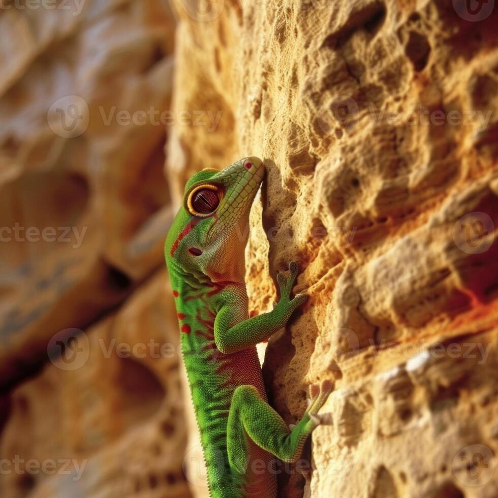 Madagascar Giant Day Gecko displays its striking green skin and red markings while clinging to a textured surface illuminated by bright high key lighting. photo