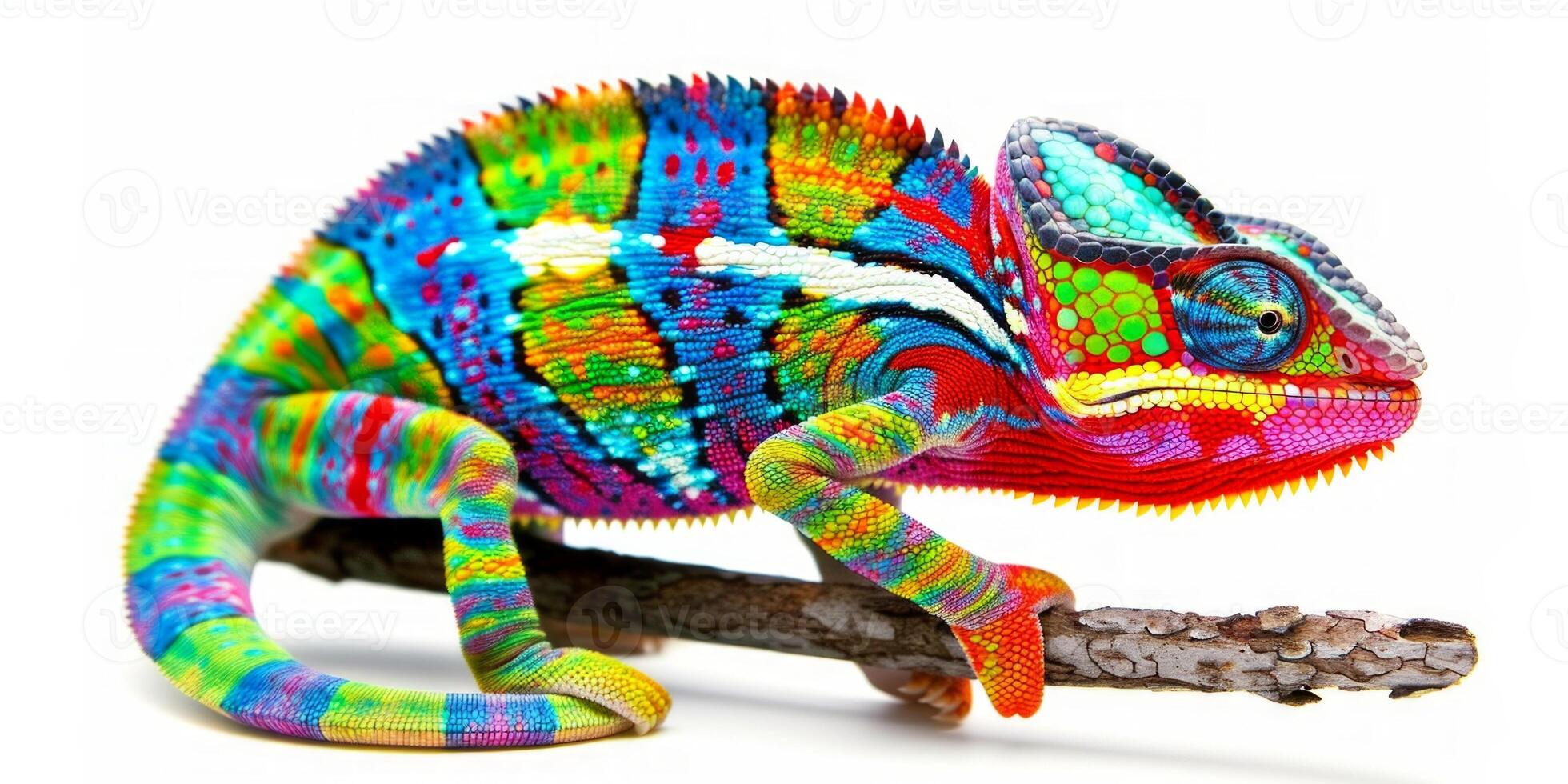 Madagascar Giant Chameleon displays its vivid colors while gripping a branch. The striking reptile is set against a clean white background highlighting its unique features. photo