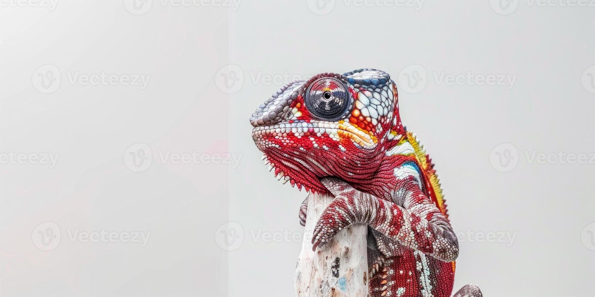Madagascar Giant Chameleon grips a branch showcasing its vibrant color patterns. The striking reptile is isolated against a high key white backdrop highlighting its details. photo