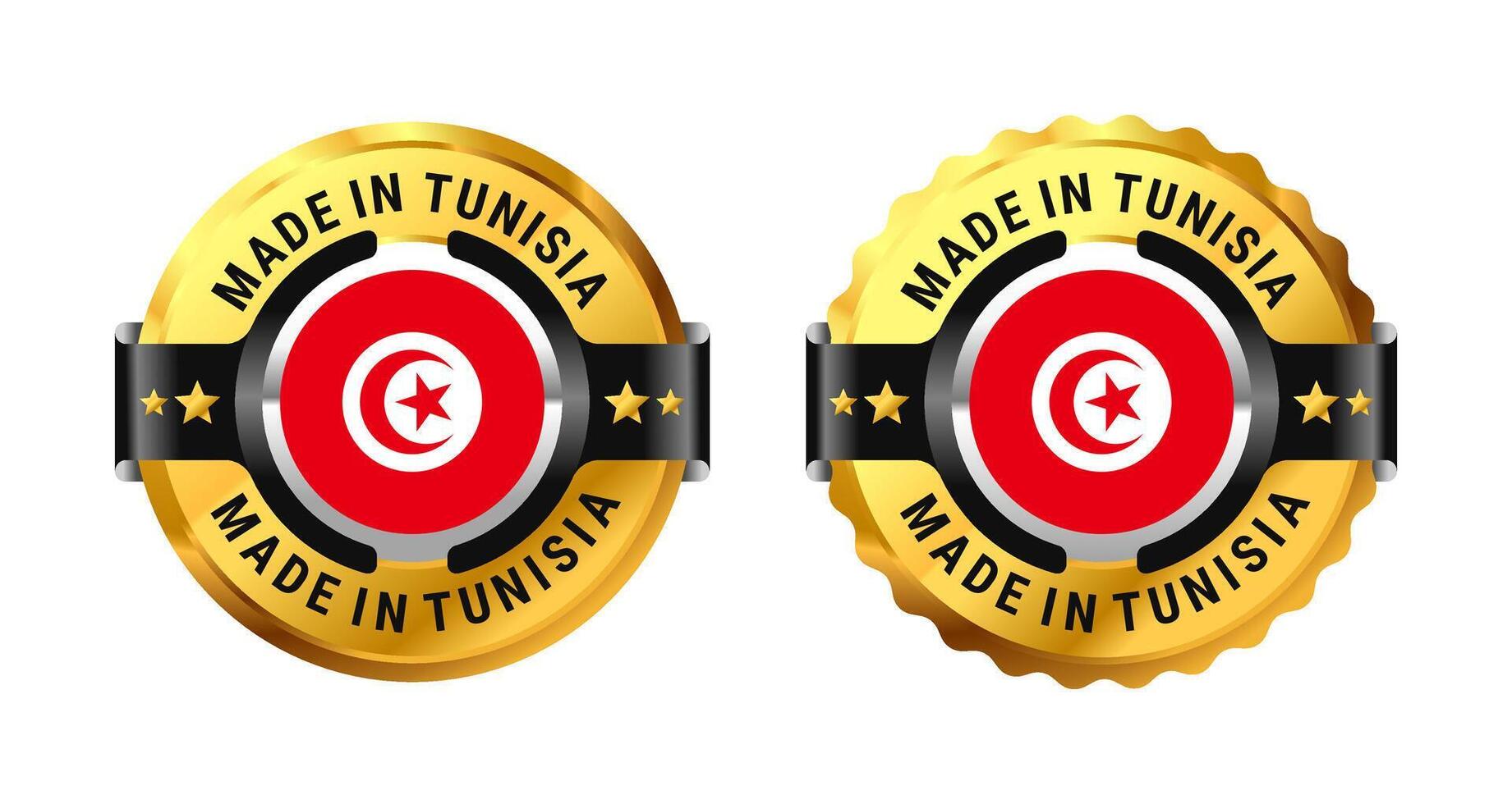 Made in Tunisia logo a gold circle with a picture of a flag in the middle. For icon, stamp, label, badge, mark, sign, seal, sticker, symbol, etc. Modern and minimalist. Illustration vector