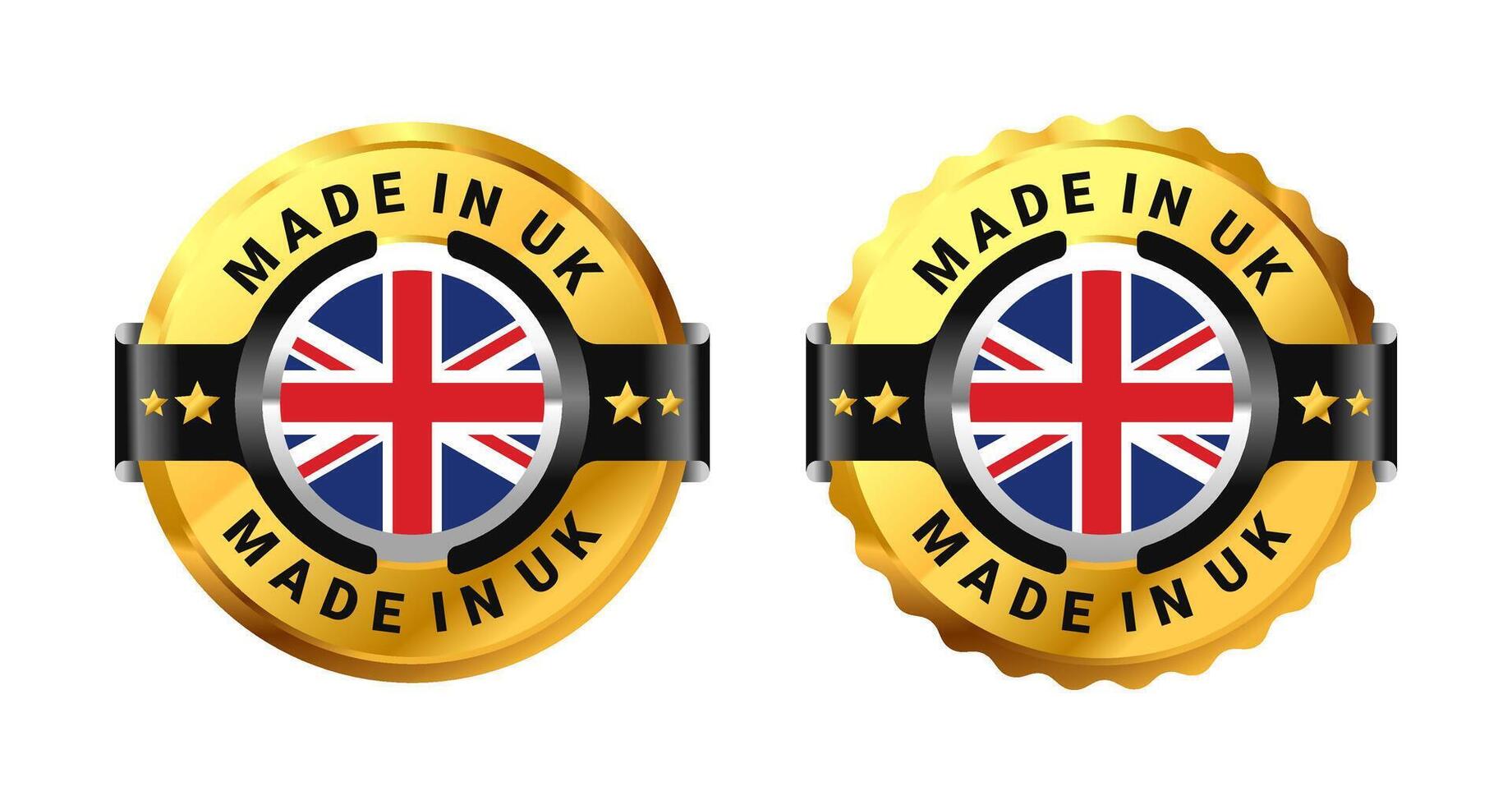 Made in UK logo a gold circle with a picture of a flag in the middle. For icon, stamp, label, badge, mark, sign, seal, sticker, symbol, etc. Modern and minimalist. Illustration vector