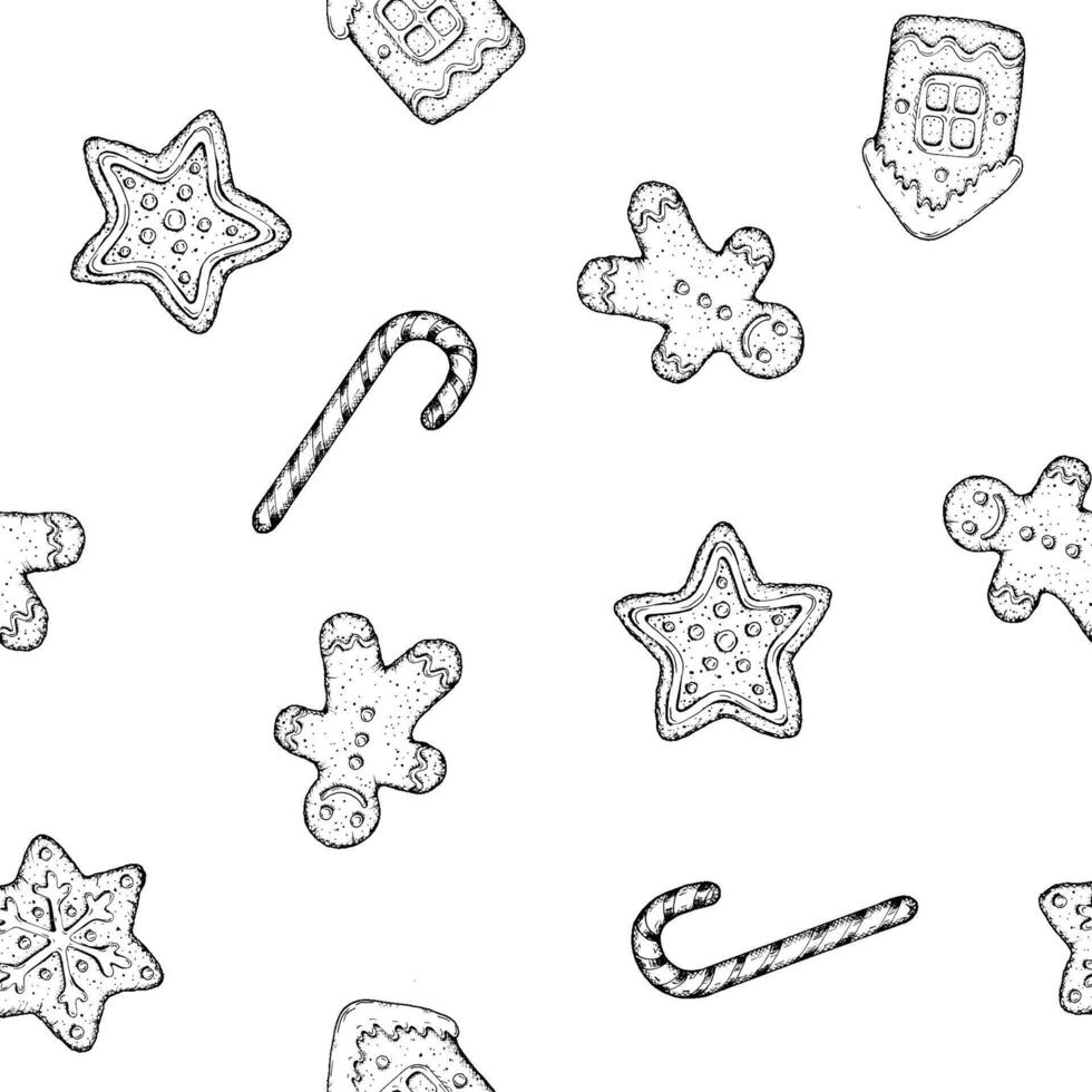 Seamless pattern with hand drawn Christmas cookies, gingerbread men, stars, houses and candy canes. Festive sketch style design, perfect for New Year's confectionery packaging and menus. vector
