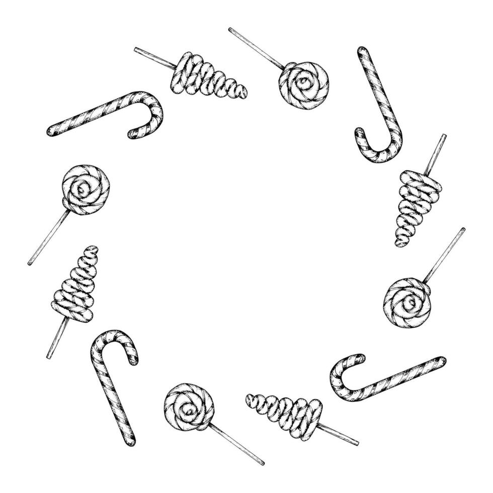 Hand drawn illustration of a round frame of lollipops and candy canes. Festive sweets arranged in a wreath shape for Christmas designs, cards, decorative prints for confectioners, bakeries vector