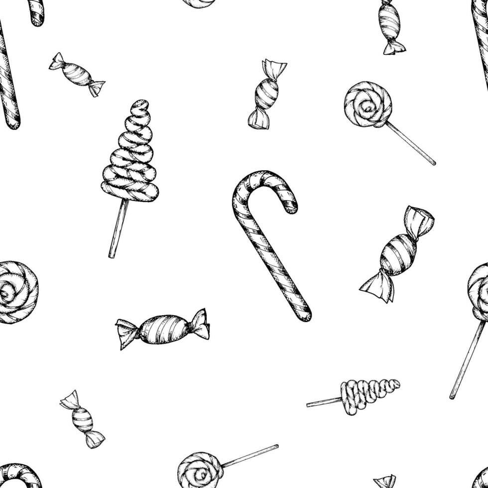 Seamless hand drawn ink pattern of lollipops and candy canes. Festive sweets background for Christmas designs, prints for confectioners, bakeries packaging, wrapping paper, textile vector