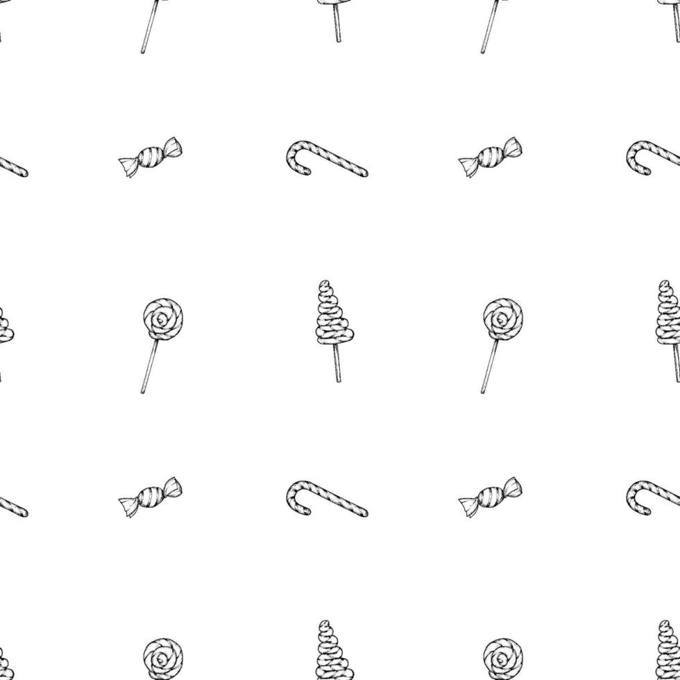 Seamless hand drawn ink pattern of lollipops and candy canes. Festive sweets background for Christmas designs, prints for confectioners, bakeries packaging, wrapping paper, textile vector