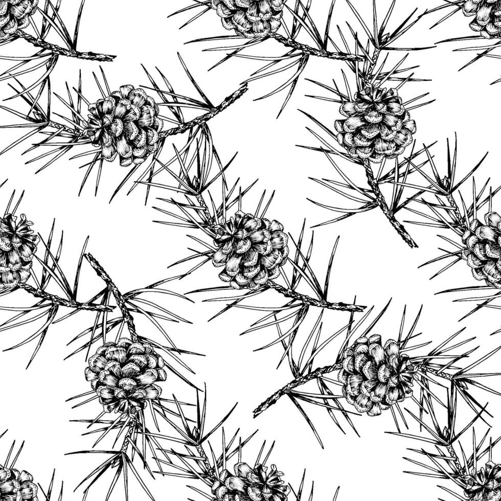 Detailed hand drawn seamless pattern of spruce branches and cones. Realistic ink sketch style design, perfect for nature, eco-themed projects, Christmas decorations and botanical illustrations. vector