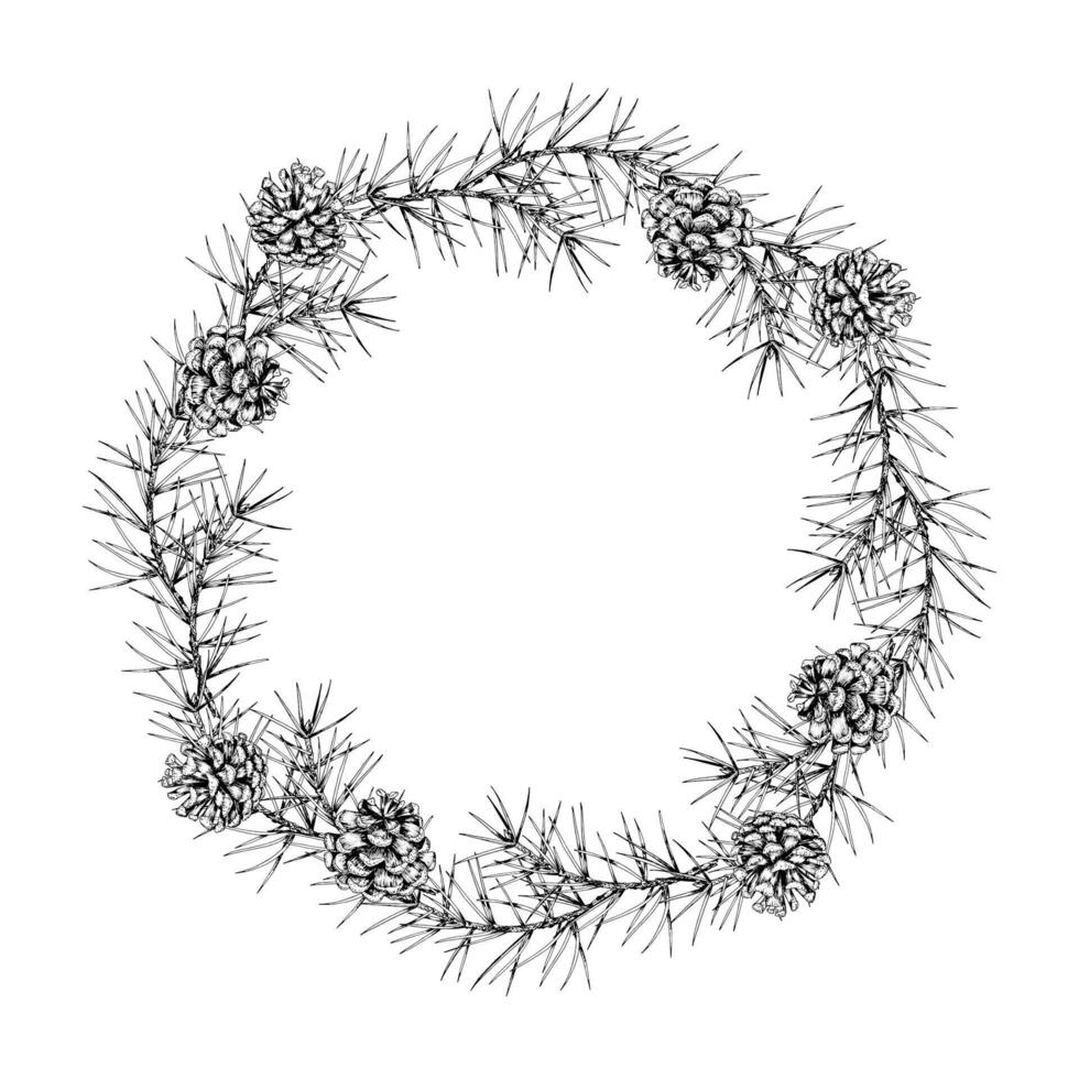 Detailed hand drawn wreath of pine branches and cones. Circular frame. Ideal for Christmas holiday designs, winter themes, invitations and seasonal decor vector