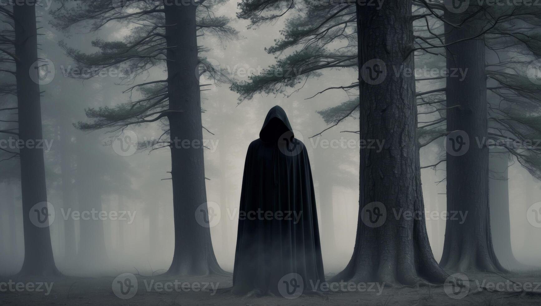 A dark figure in a black cloak stands in the middle of a forest photo