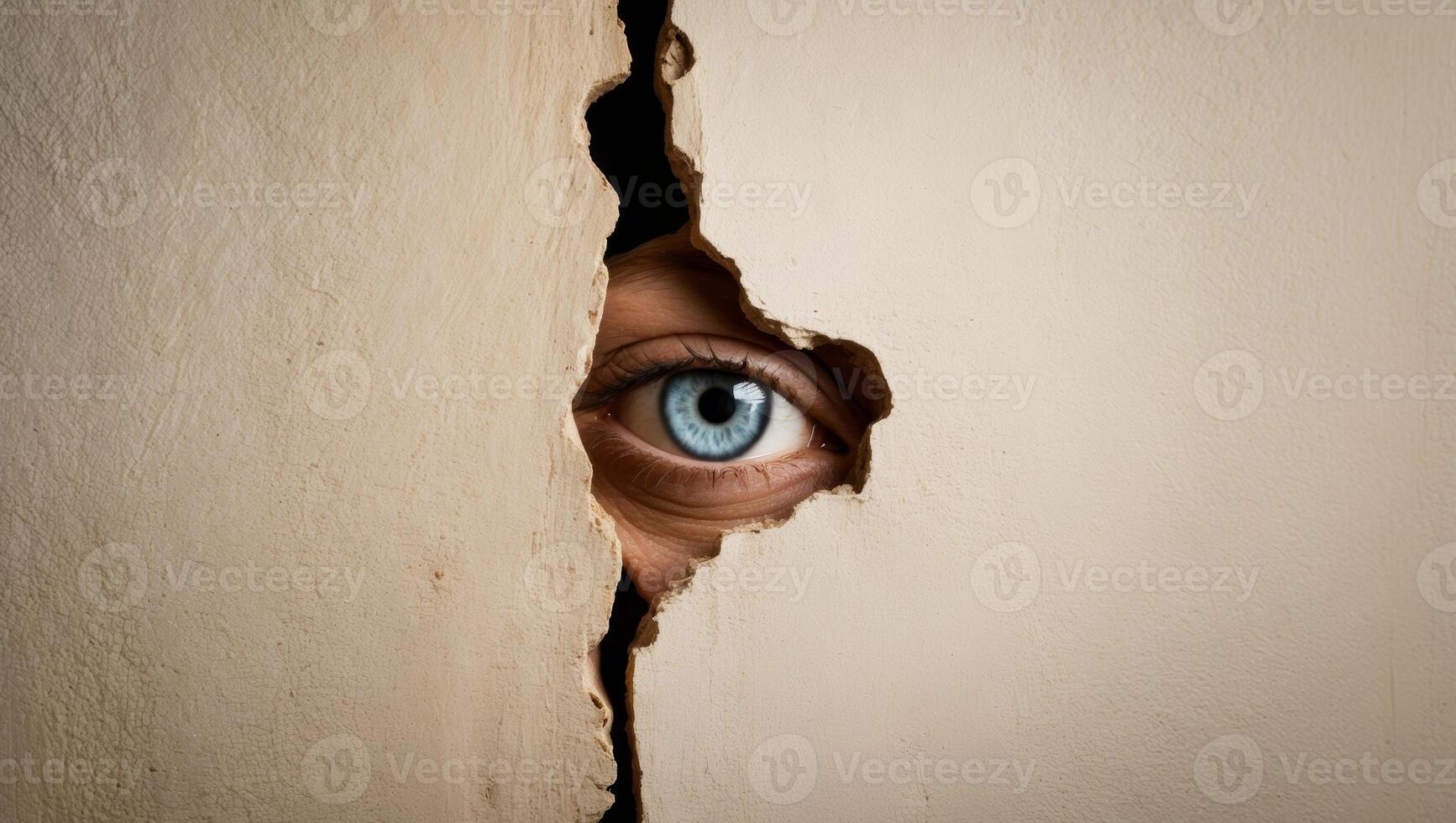 A person's eye peeking through a hole in a wall photo