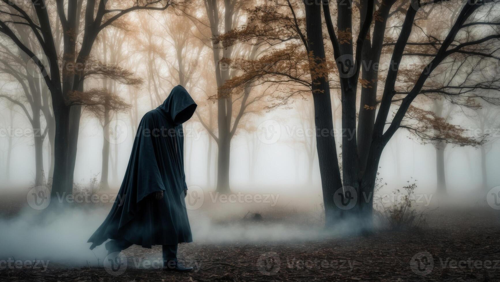A man in a hooded cloak walking through a foggy forest photo