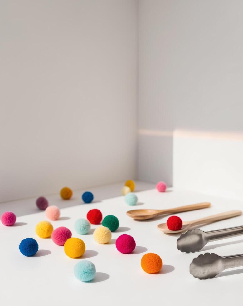 A white surface with a spoon, fork and pom poms photo