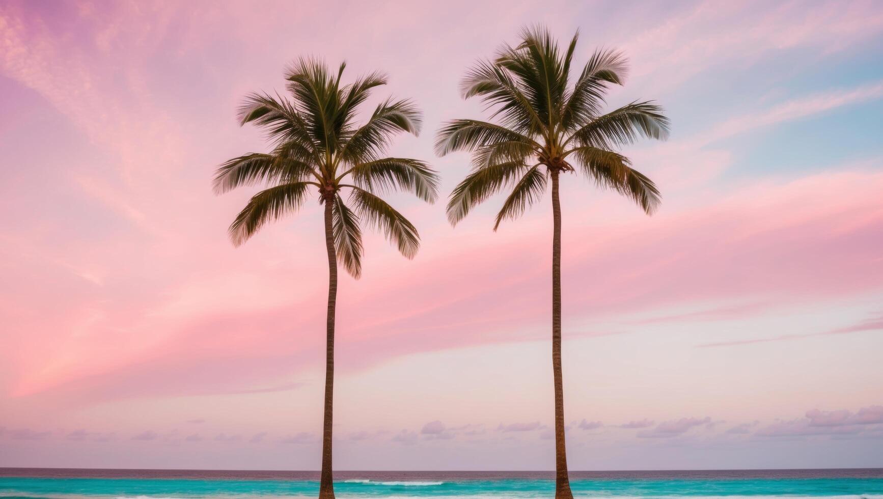 Two palm trees stand on the beach at sunset photo