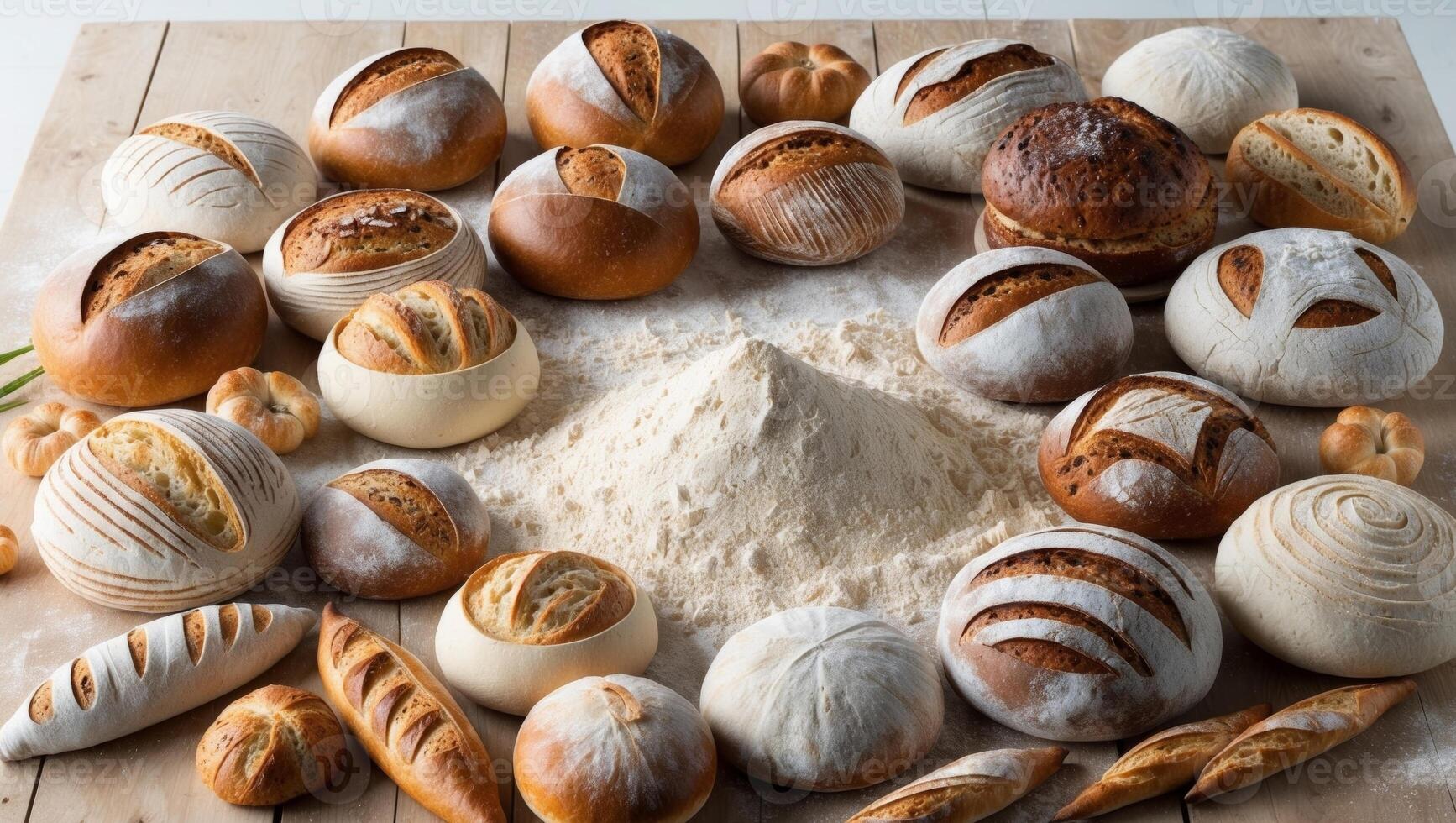 Variety of artisan breads arranged around flour on wooden table. photo