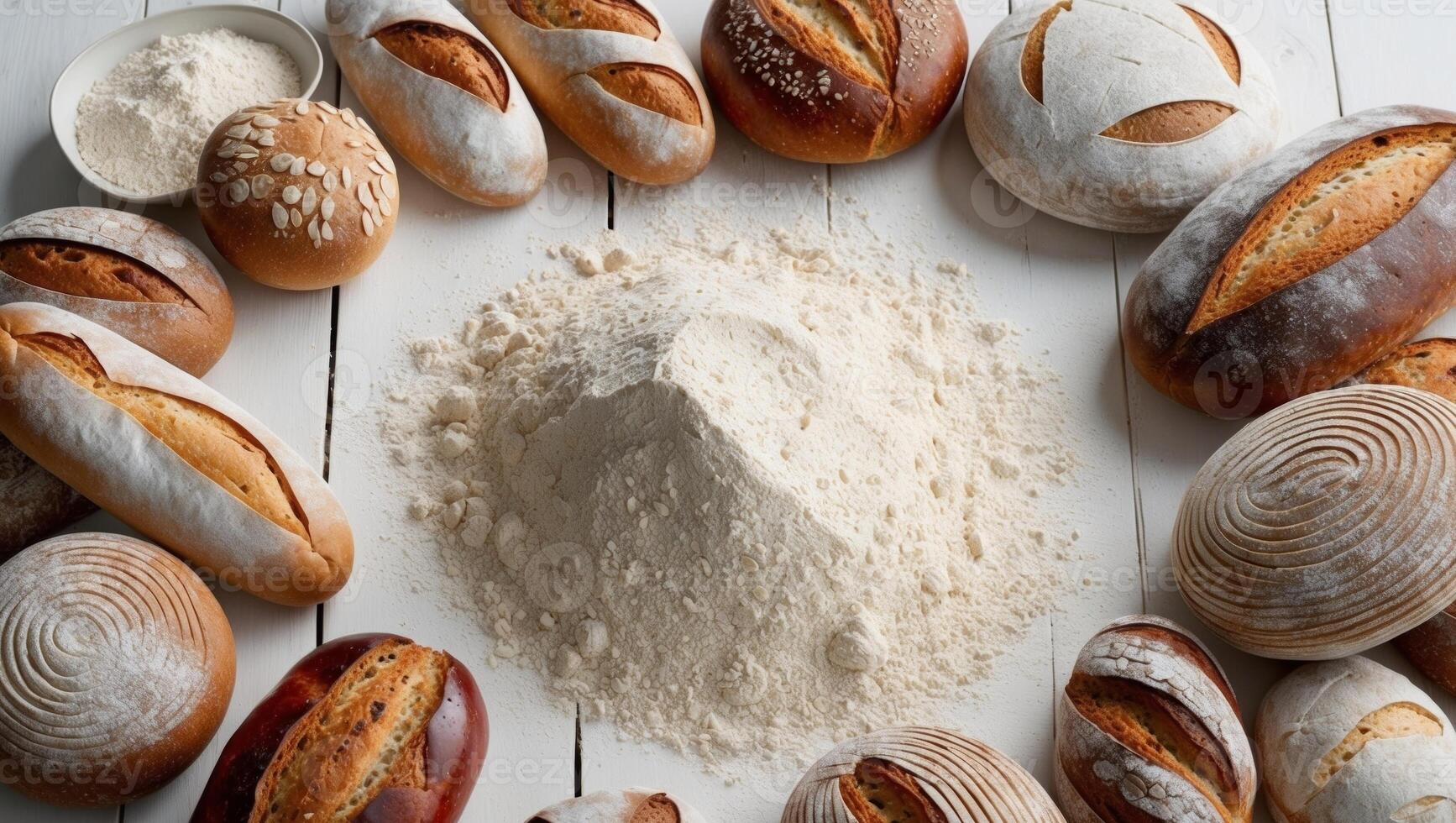 Variety of artisan breads arranged around flour on wooden table. photo