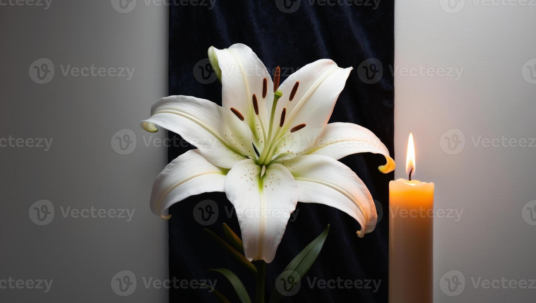 White Lily and Burning Candle on Black Background. photo